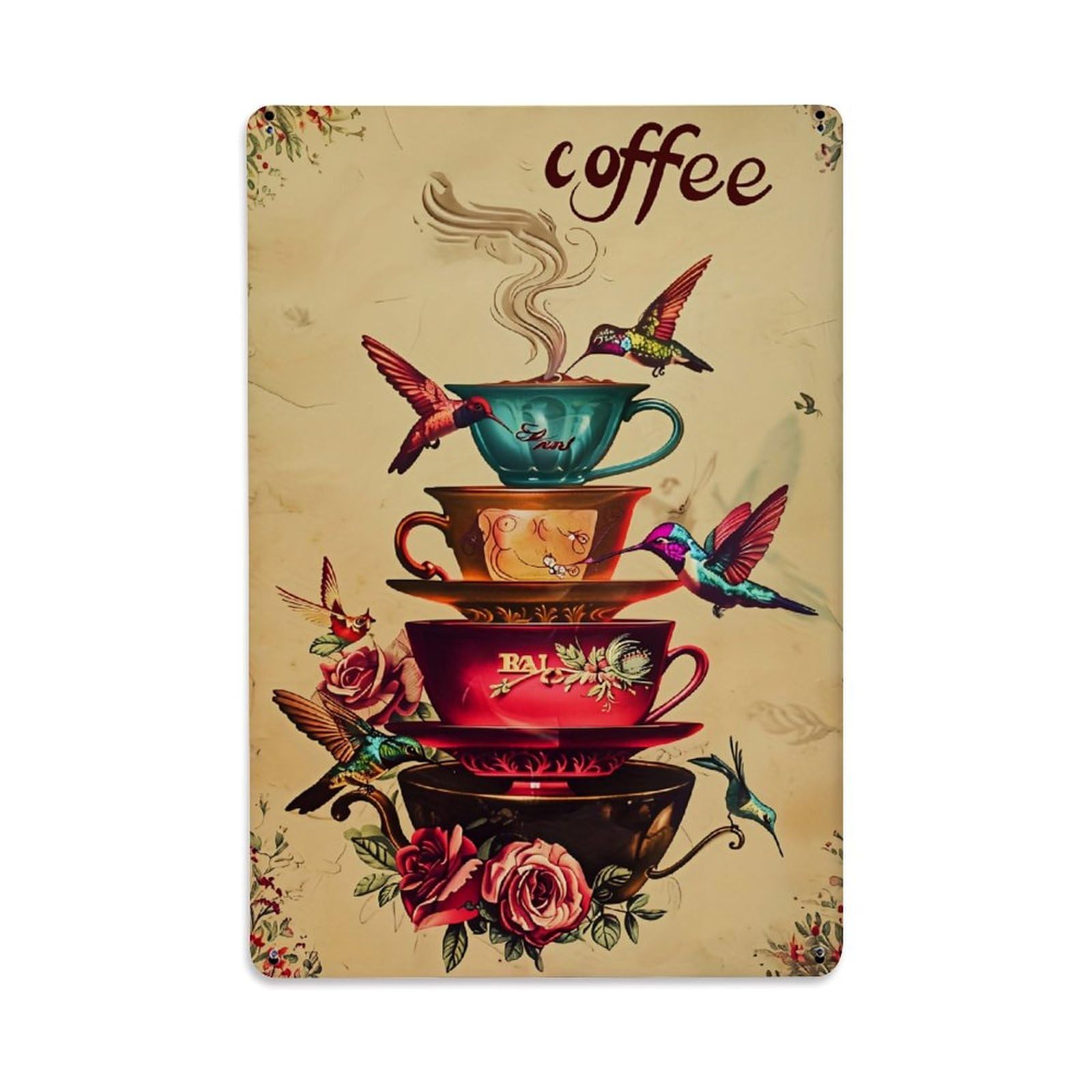 Jdyaojiesheng Vintage Coffee Cups Hummingbirds Roses Tin Sign Retro Metal Wall Decor Metal Poster, Home Bar Garage Farmhouse Cafe Wall Art Decoration 8X12inches