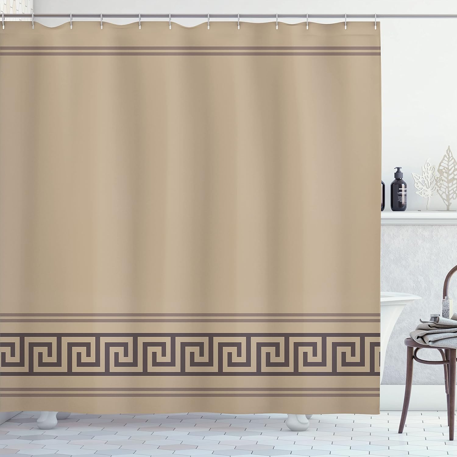 Ambesonne Abstract Shower Curtain, Simplistic Classic Greek Inspired Pattern in Monochrome Design, Cloth Fabric Bathroom Decor Set with Hooks, 69" W x 70" L, Dark Tan and Brown
