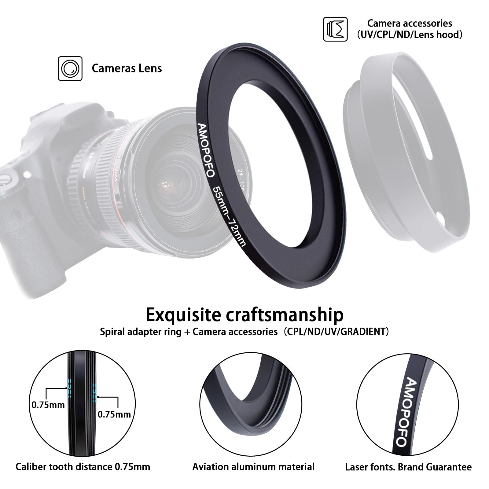 55mm Lens to 72mm Camera Filter Ring,55mm-72mm Step Up Ring For Filters,Made Of CNC Machined aluminum.for 72mm UV,ND,CPL Camera Filter accessories — view 3