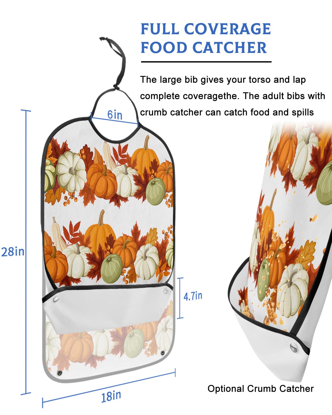 LEOKOTI Thanksgiving Adult Bibs for Eating, Waterproof Bibs with Food Catcher & Adjustable Snap Closure, Farmhouse Pumpkin Fallen Leaves Washable Clothing Protectors Adult Bibs for Elderly Women/Men
