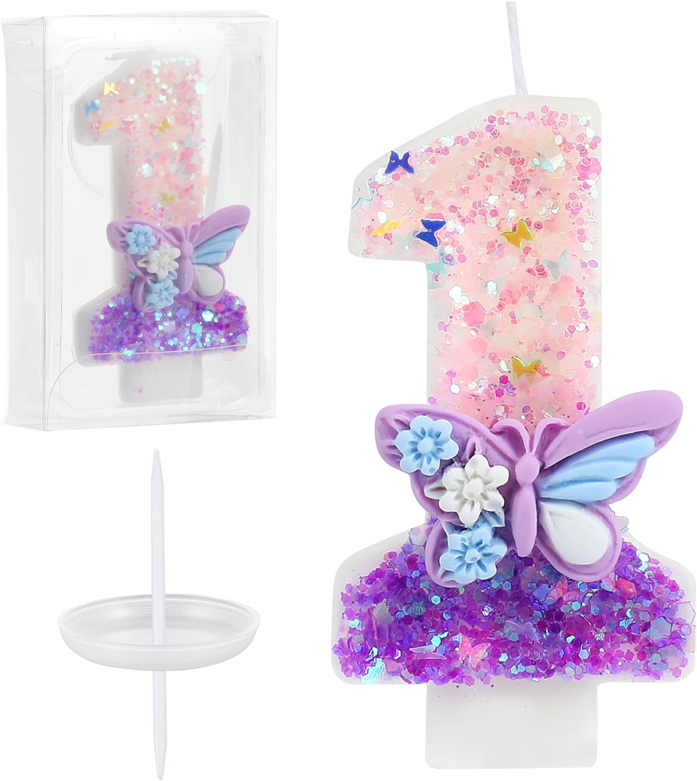 Birthday Number Candles Pink and Purple Butterfly Birthday Candles for Cake Glitter Number 1 Candle Cake Topper with Sequins for Girls and Women Anniversary Celebrations Supplies