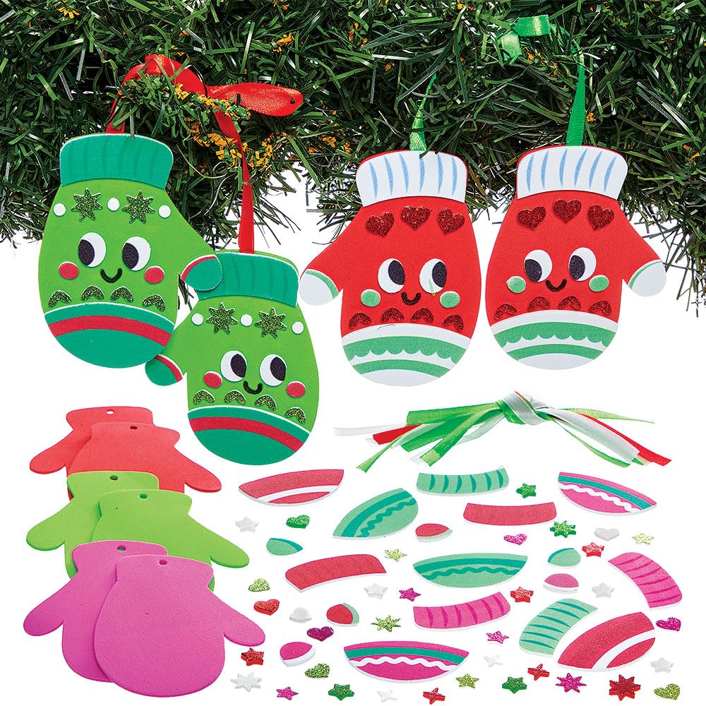 Baker Ross FN678 Set de Decoración Navideña Mitones - Lote de 5, Set de manualidades navideñas para decorar mitones navideños
