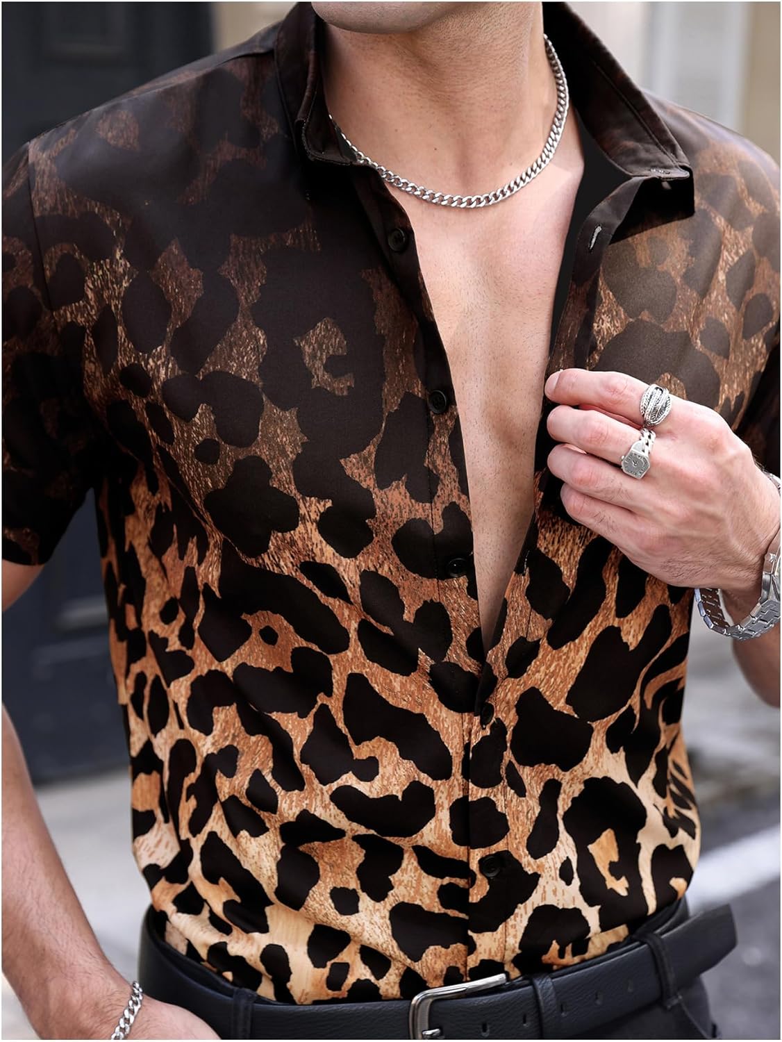 Men's Boho Leopard Shirts Cheetah Button Down Casual Tee Western Short Sleeve Summer Vintage 70s Disco Going Out Top Multicolor X-Large - Image 6