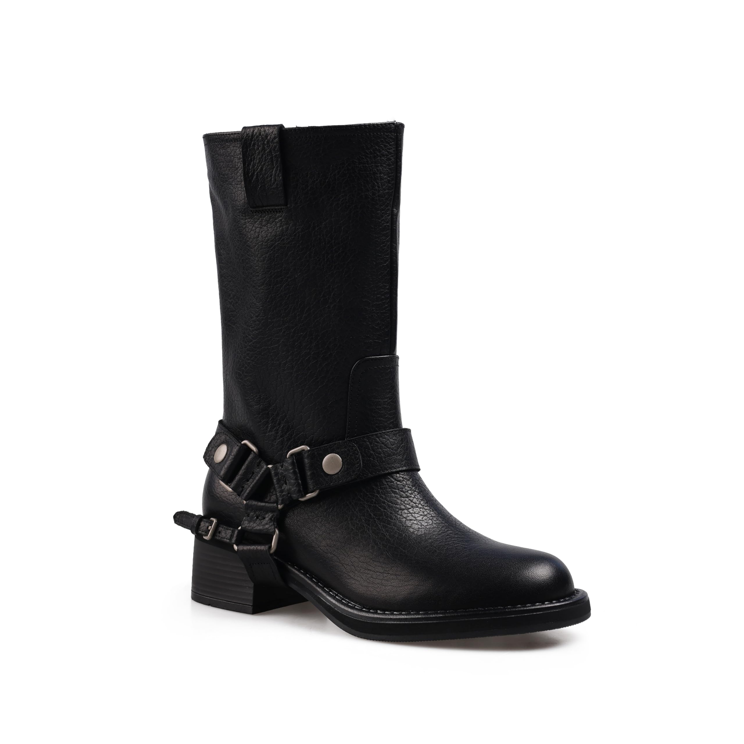 Mid Calf Boots for Women Chunky Heel Round Closed Toe Bootie Adjustable Two Buckle Straps Pull On Fashion
