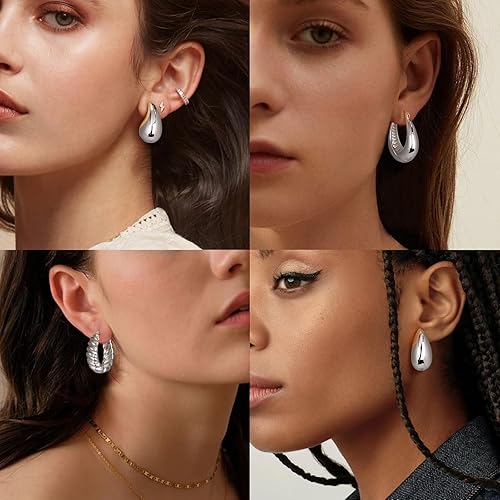 Miniatura 3 de Aretes de oro para mujer, aretes gruesos de oro con forma de lágrima, chapados en oro de 14 quilates, ligeros, hipoalergénicos, regalo para niñas,