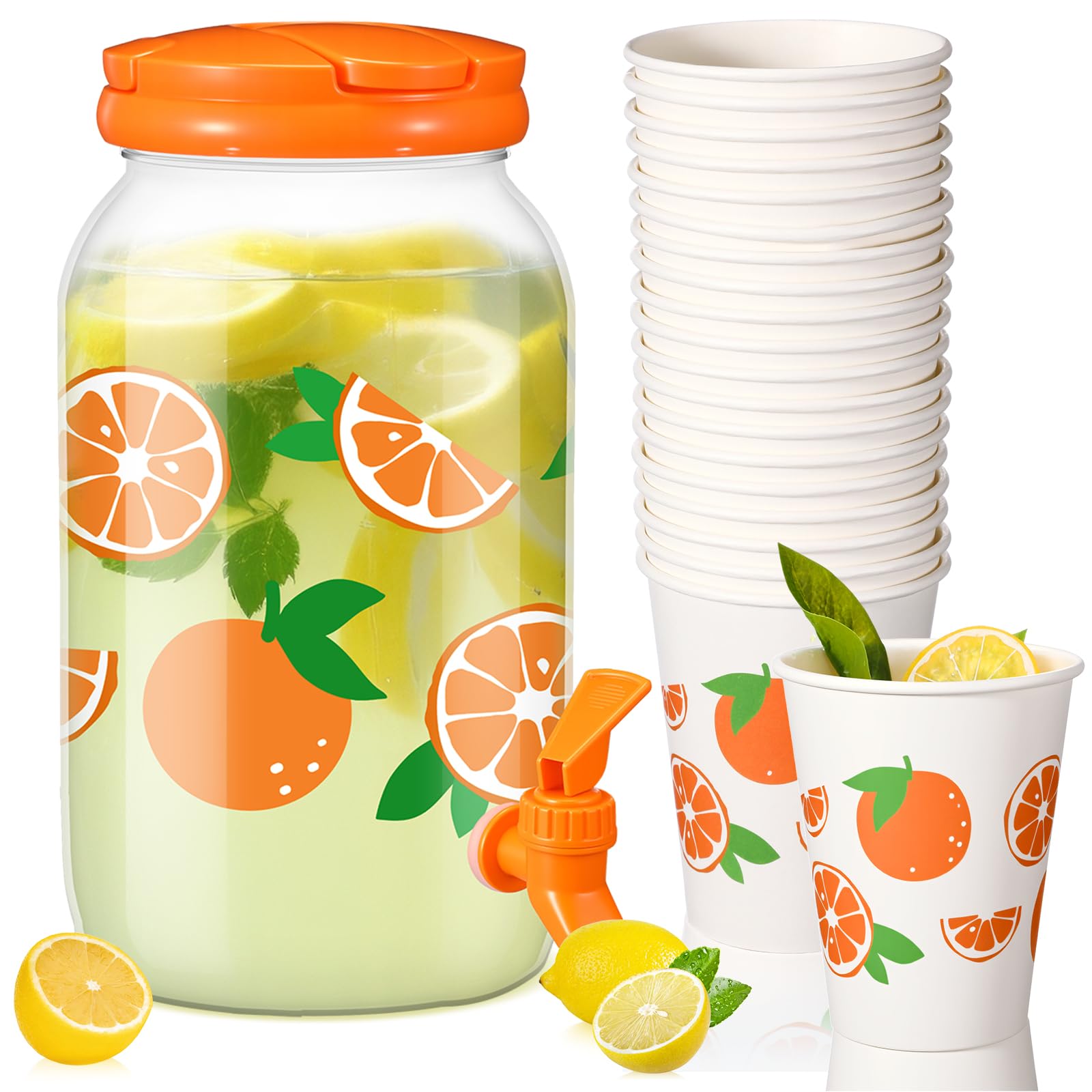 Umigy Tree Clear Plastic Drink Dispenser with 20 Pcs 12 oz Tropical Paper Cups 1 Gallon Kitchen Fridge Beverage Dispenser Plastic Water Dispenser with Spigot for Juice Tea Beer(Orange)