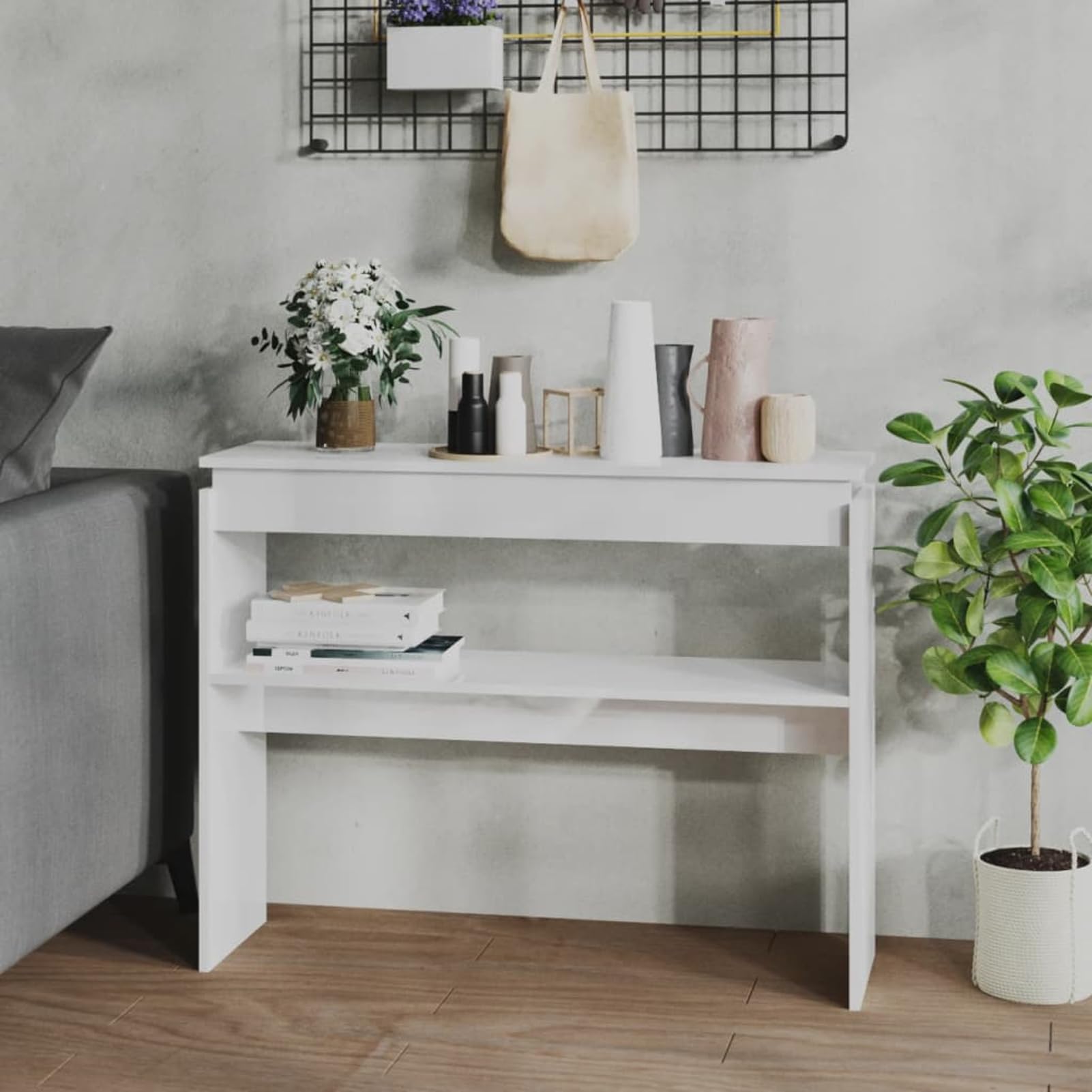 Homgoday Mesa Consola Madera contrachapada Blanco Brillante 102x30x80 cm Mesas auxiliares de salón,Mesa Consola Recibidor Mueble de Entrada Estrecha Clásica