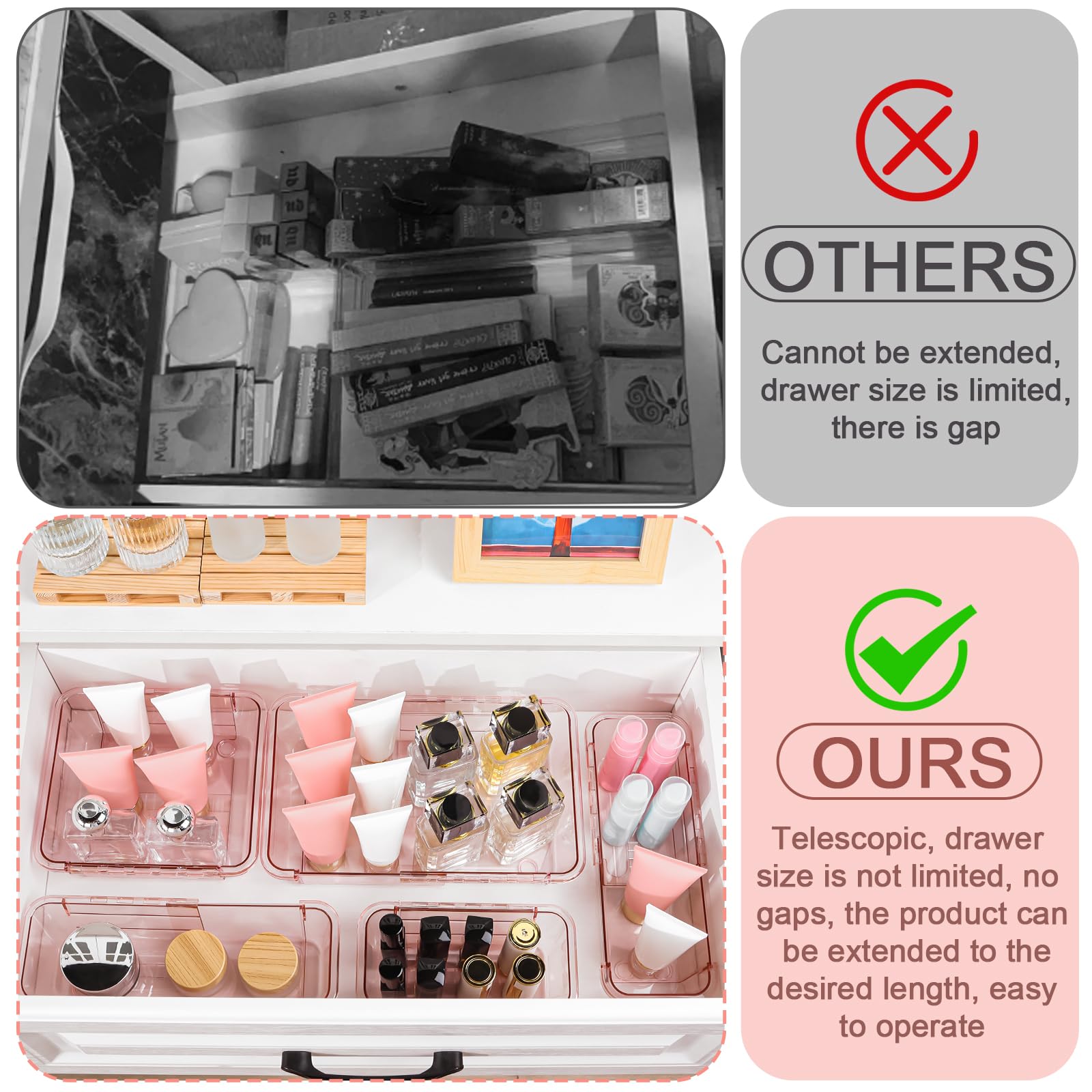 25 organizer trasparenti per cassetti, regolabili, organizer per cassetti da scrivania, 3 dimensioni, contenitori in acrilico per trucco, utensili da cucina, cassettiere per camera da letto, organizer