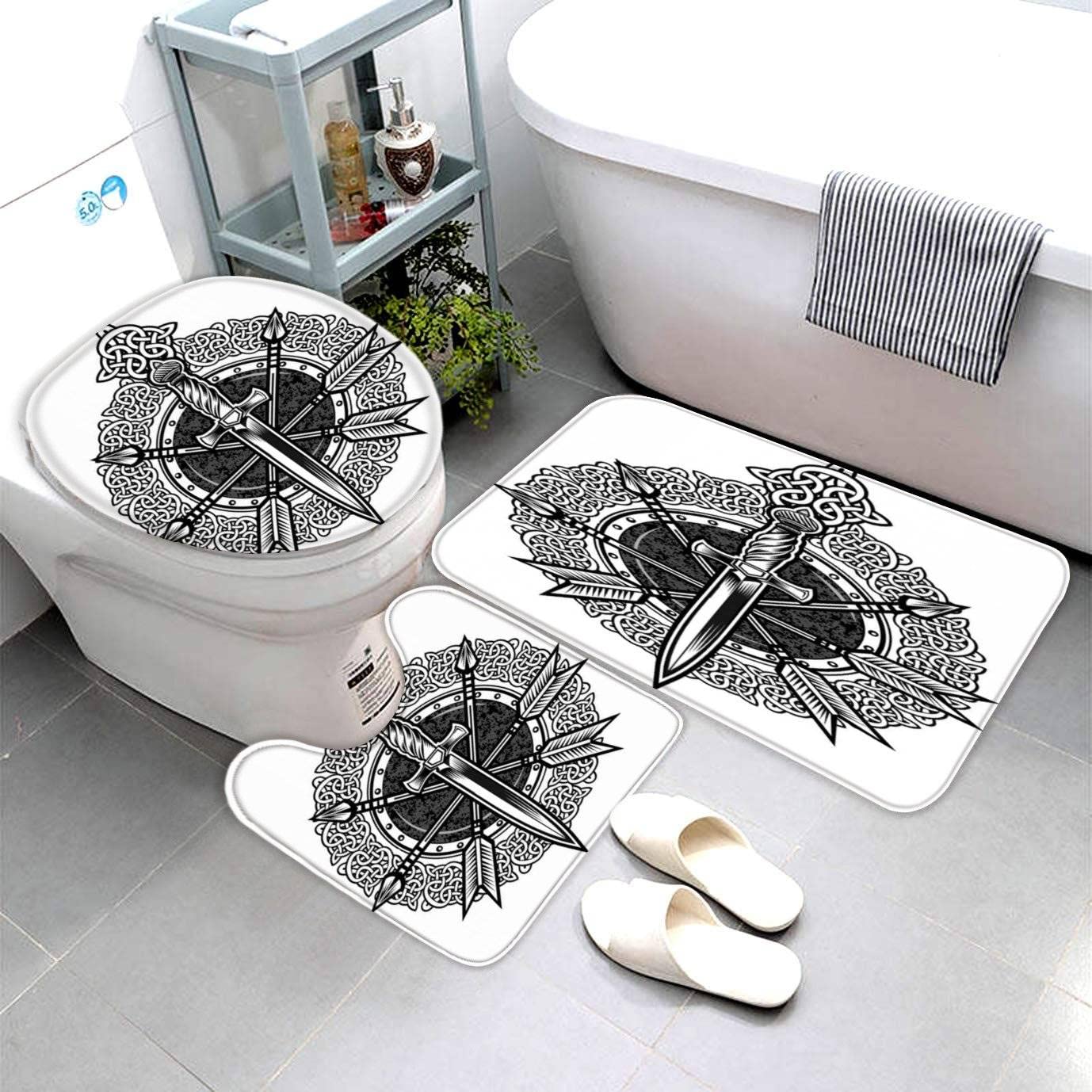 AOLIGL 3D Print Bathroom Mat Sets Tattoo Retro Exotic Bath Mat Non Slip Anti Mould Bath Mat + Pedestal Mat + U-shaped Toilet Seat Cover Mat Super Absorbent