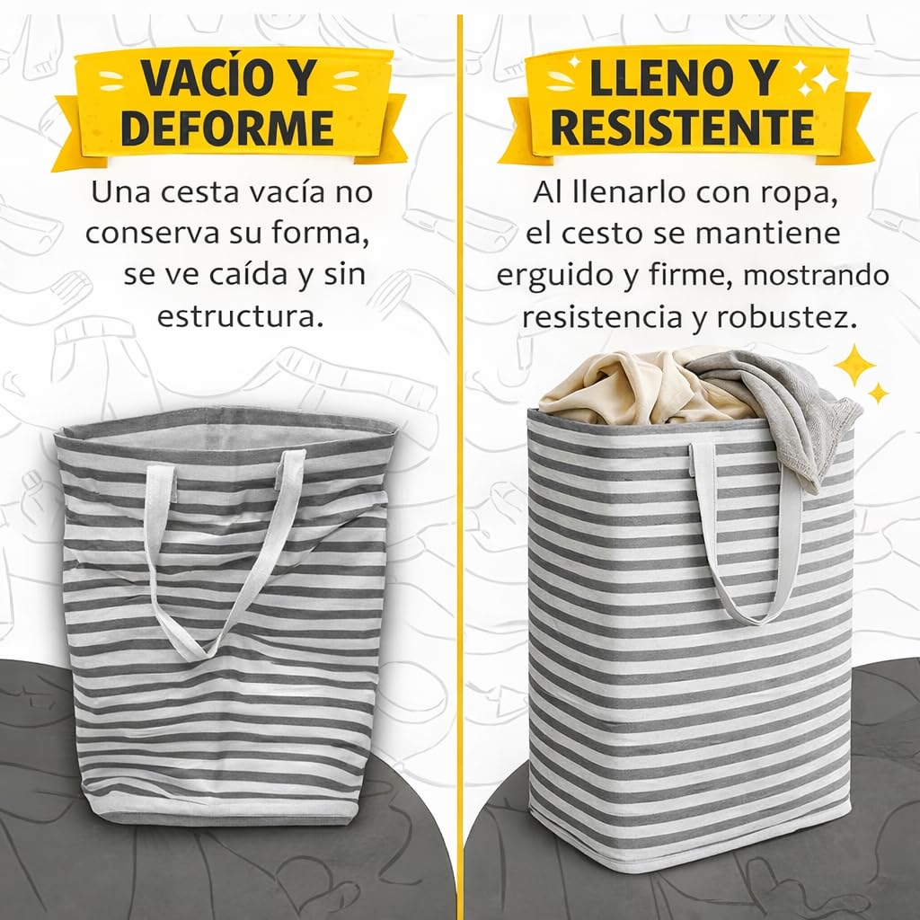 Cesto Ropa Sucia 75L Plegable, Cesta Ropa Sucia Grande con Estructura Metálica y Asas Laterales, 60x30x40 cm, para Baño y Dormitorio (GRIS RAYAS)