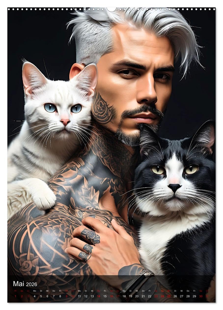 Verschmuste Kerle - Muskeln, Tattoos und Miezekatzen (hochwertiger Premium Wandkalender 2026 DIN A2 hoch), Kunstdruck in Hochglanz: Charmante Bilder ... unwiderstehlichen Samtpfoten (CALVENDO Tiere)
