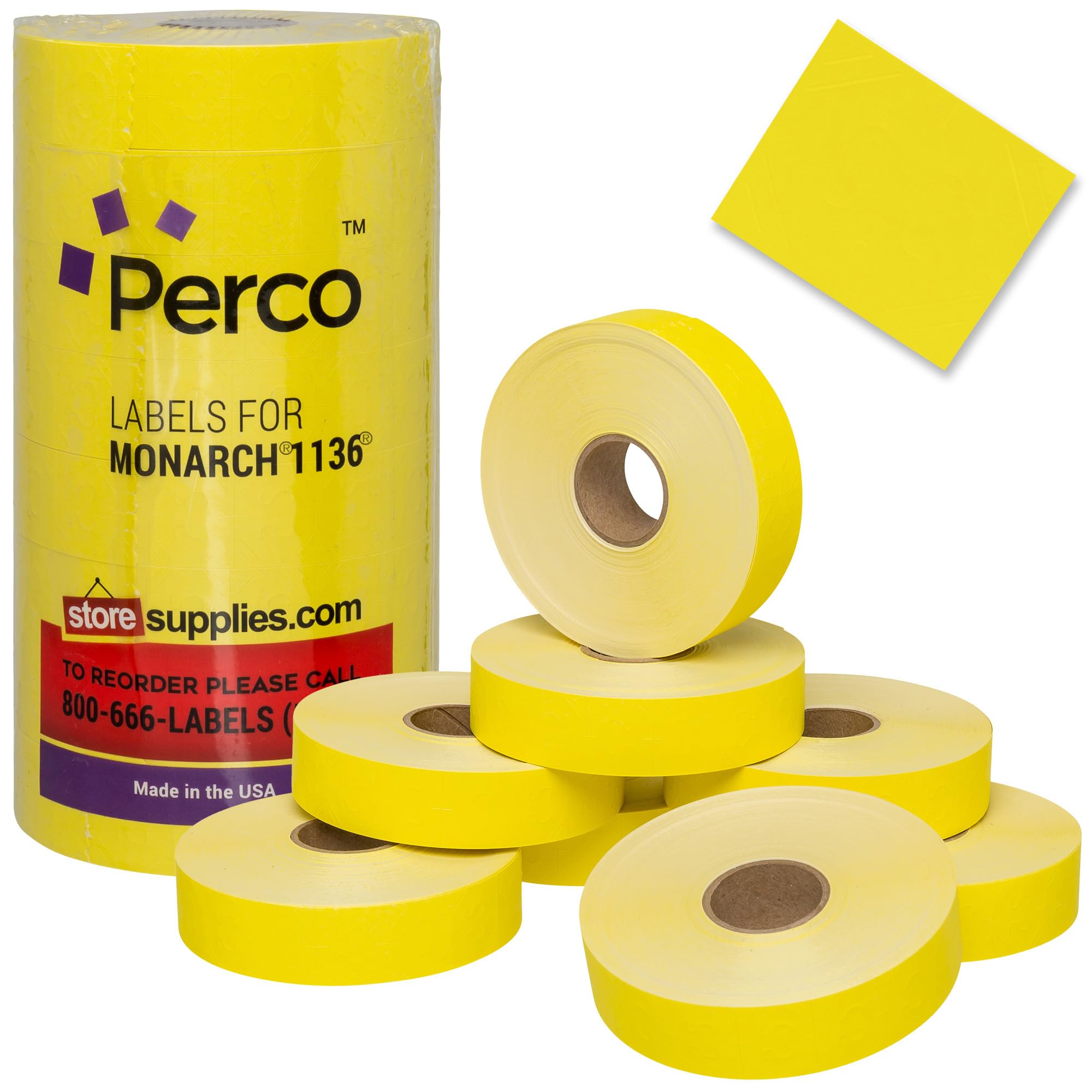 Perco Yellow Pricing Labels for Monarch 1136 Price Gun - 1 Sleeve, 8 Rolls, 14,000 Price Marking Labels - with Ink Roll Included