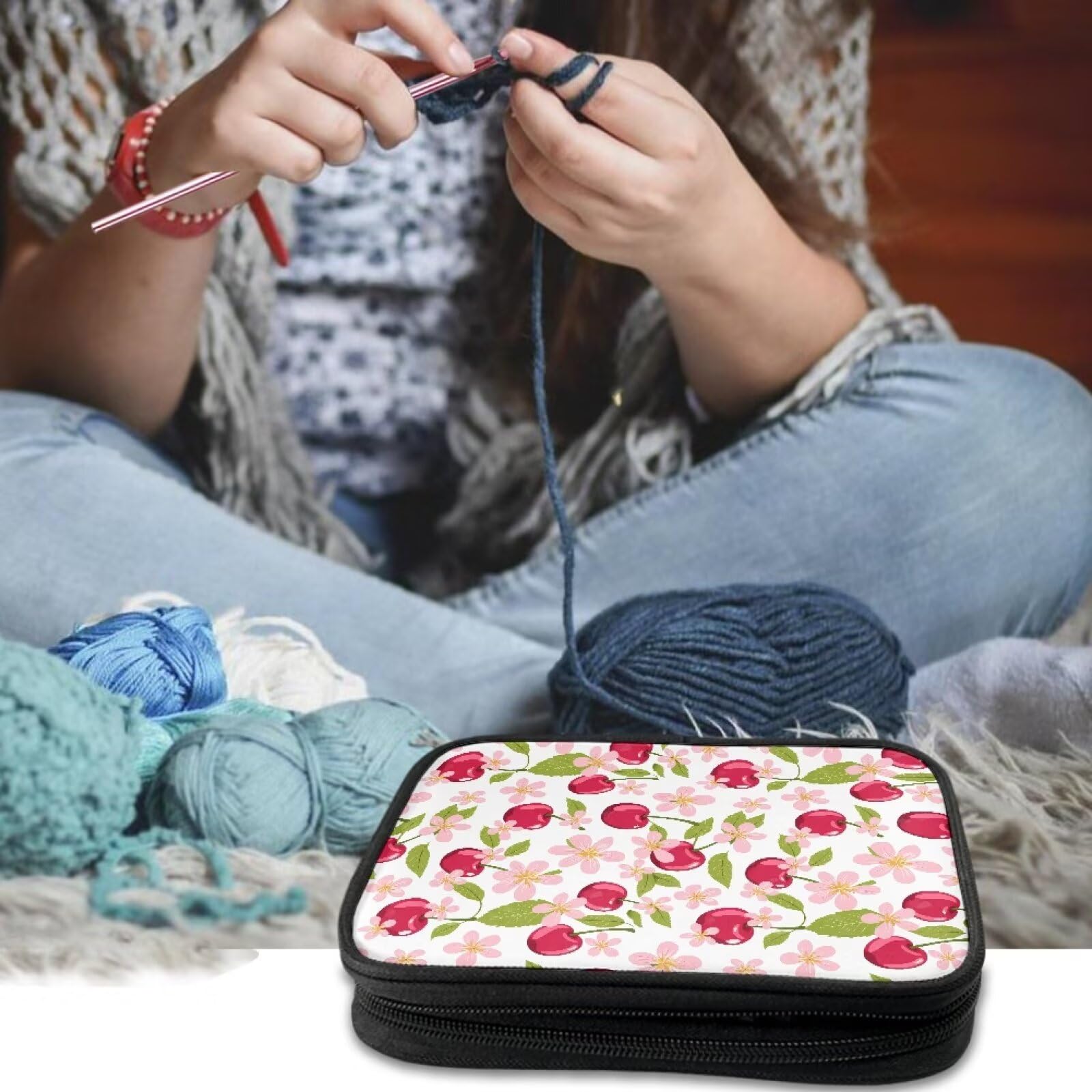 Qehuruxo Cherry Crochet Bag Organizer Double Layer Design Polyester Zipper Closure Mesh Pockets Large Storage Storage for Travel and Home Use