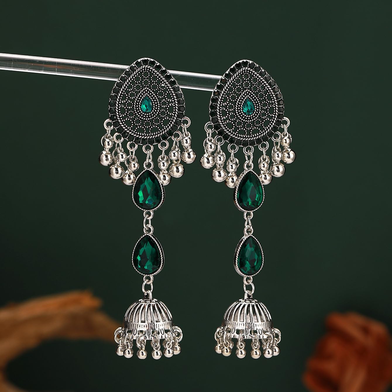 Missgrace Boho Indian Dainty Silver Dangle Circle Beads Teardrop Green Red Rhinestone Turquoise Earrings for Women Vintage Retro Chandelier Earrings Beaded Jhumka Jhumki Tassel Studs Traditional Gold Plated Earrings for Women - Image 4