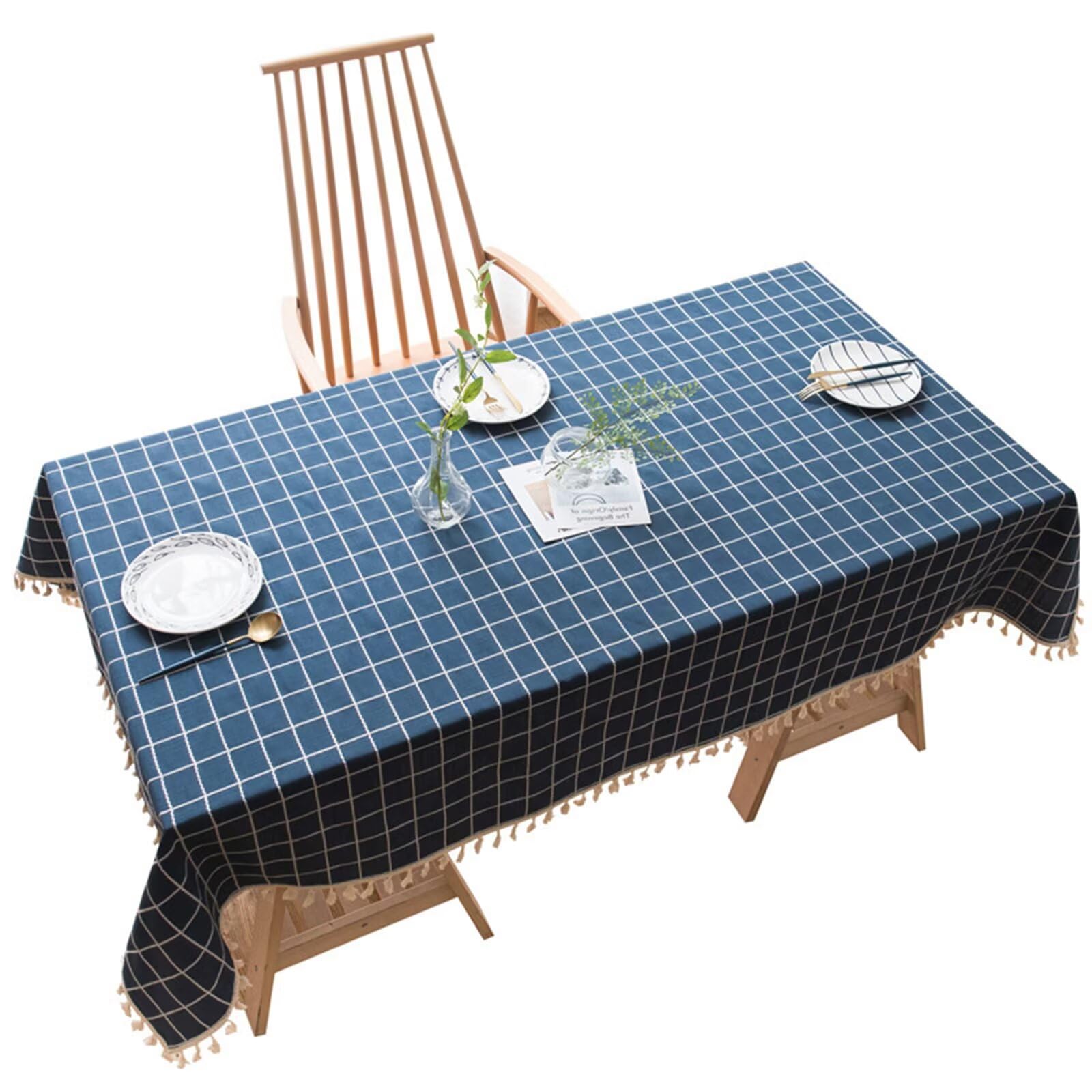 Obrus w kratkę z frędzlami 140x220 cm, podłużny, bawełniano-lniany, odporny na kurz, do dekoracji stołu kuchennego i jadalnego