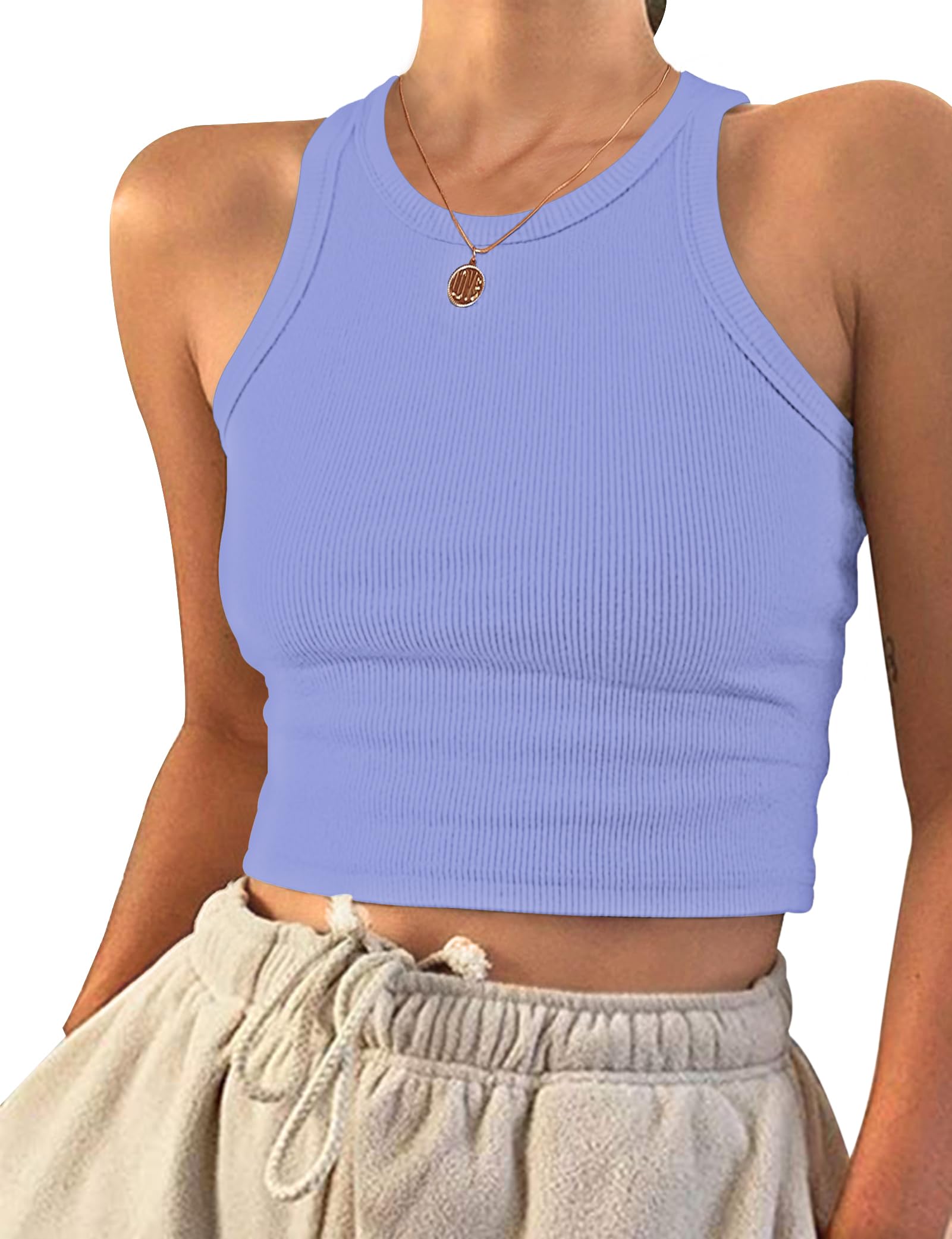 PLOKNRD Damen Crop Tops Rundhals Tank Top Sommer Ärmellos Bauchfrei Oberteil