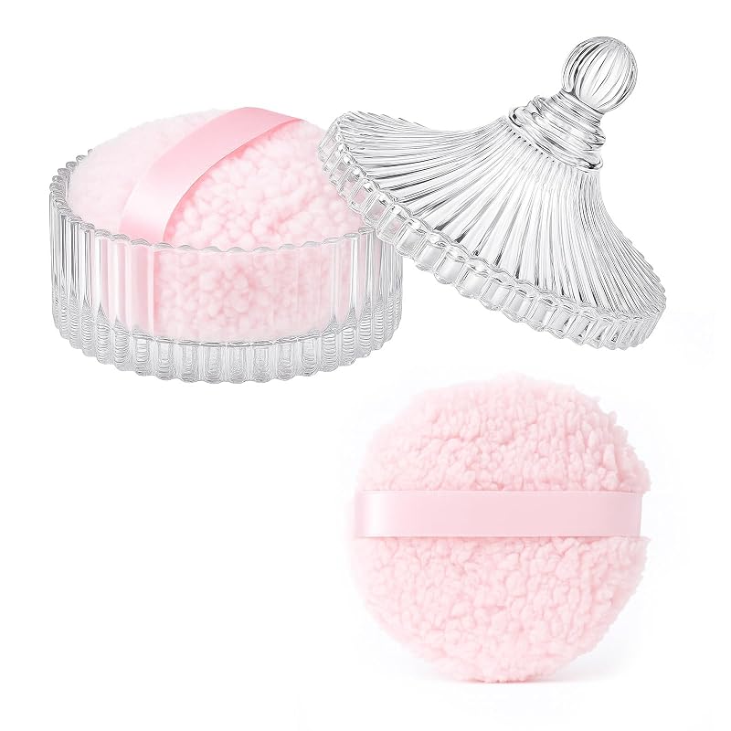 Pote de vidro transparente para pó com puff rosa, 20,07 cm x 17,91 cm x 12,5 cm, conjunto com 2 peças