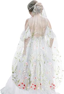 Bride Floral Wedding Veil, Embroidered Veil Drop Tier Headpiece for Church, Hair Accessories with Comb for Women Party