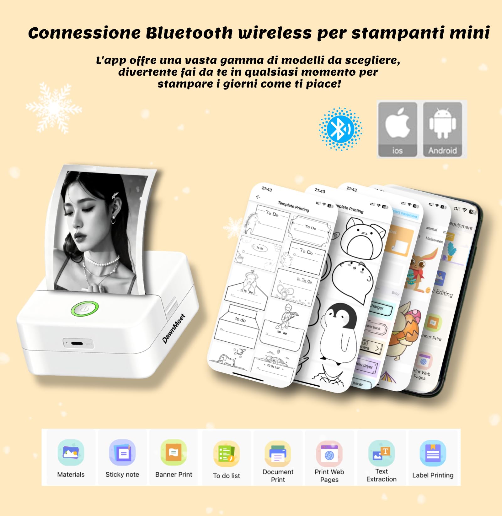 Mini Stampante Termica X6 Bluetooth, Etichettatrice Portatile per Smartphone, Compatibile iOS Android, Bianco