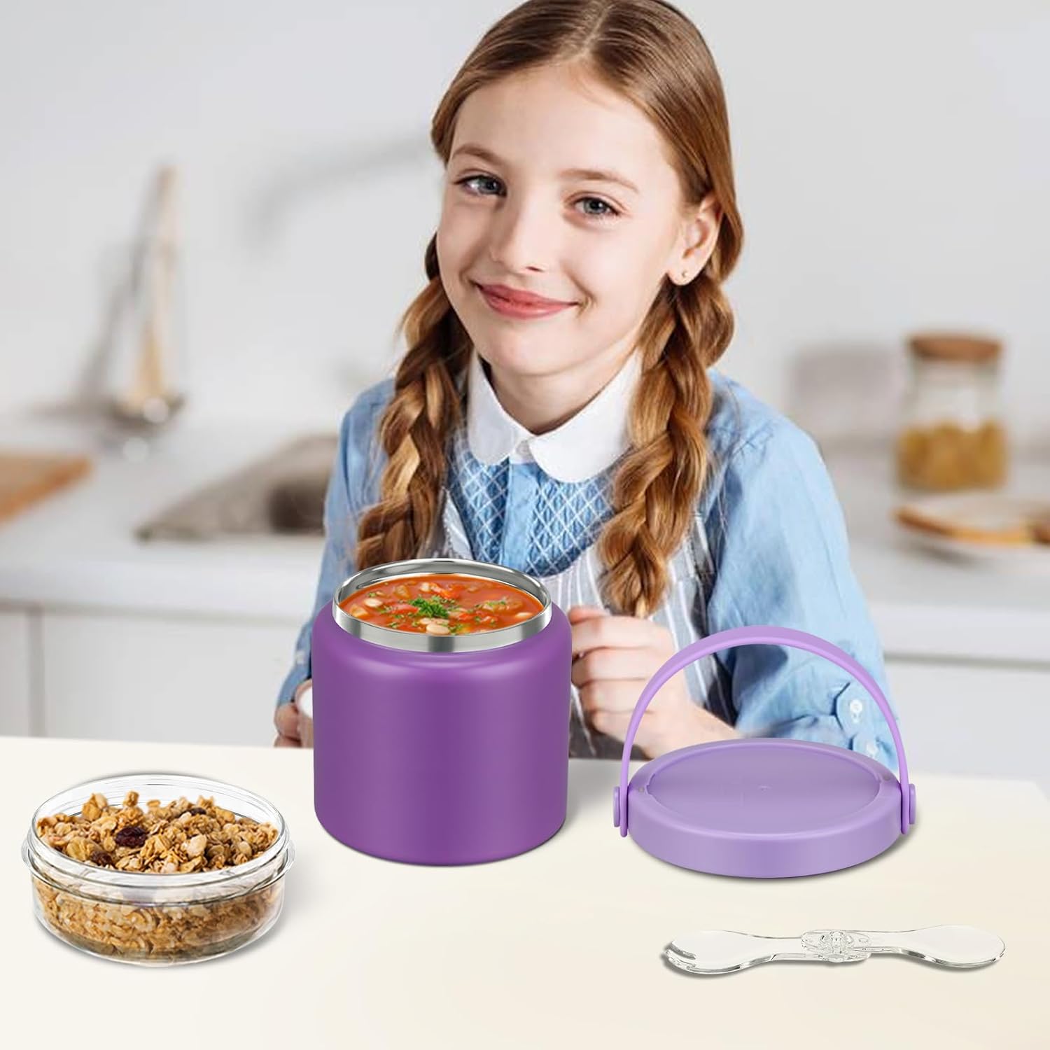 2 in 1 Double Insulated Food Jar 13.5oz Soup Thermo with Snack Container Kids Thermo for Hot Food Lunch Containers Wide Mouth Vacuum Stainless Steel Leak Proof for School Travel(Purple) - Image 6