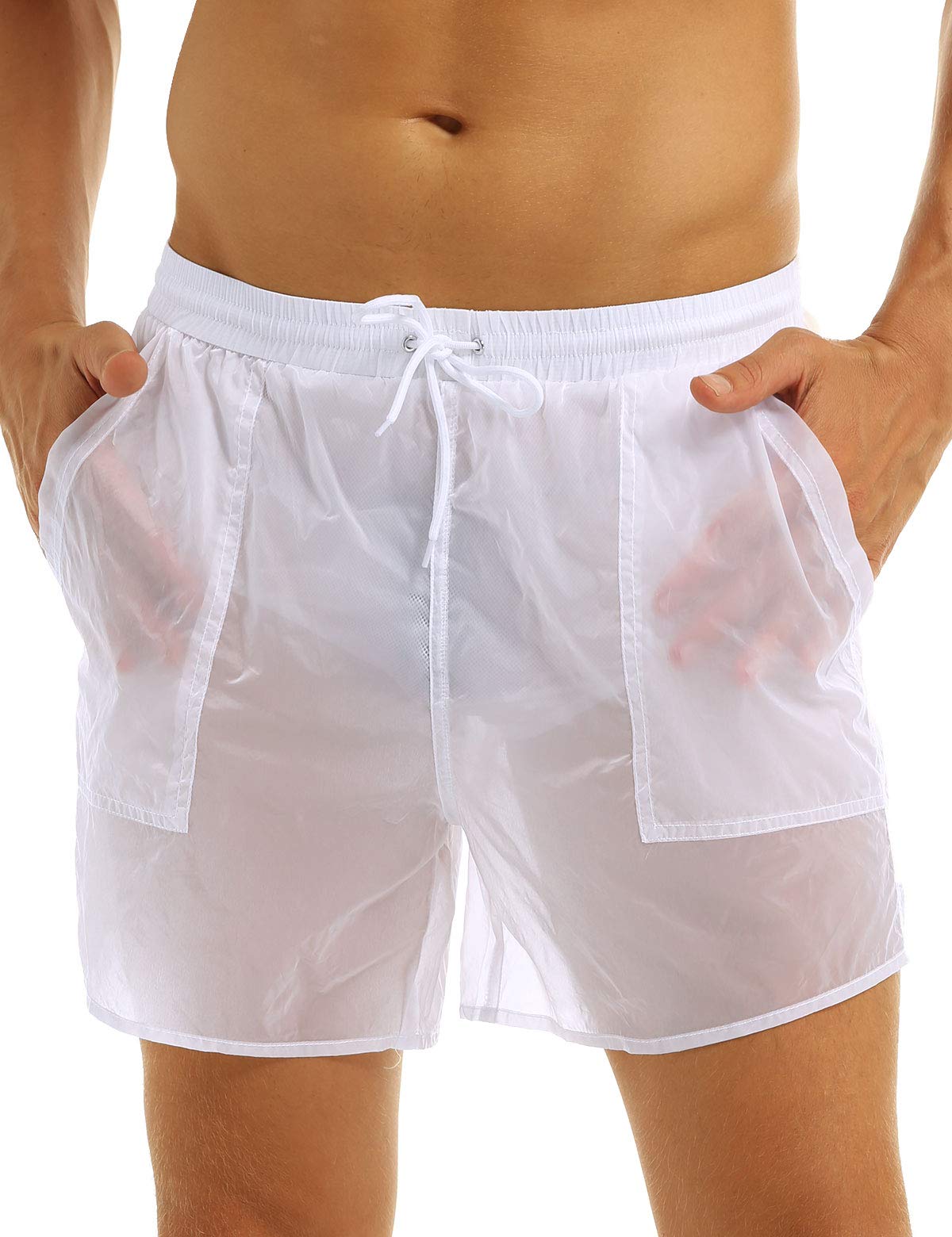 Choomomo Men's Elastic Waist See-Through Mesh Drawstring Boxer Briefs Summer Swim Trunks Underwear White Large