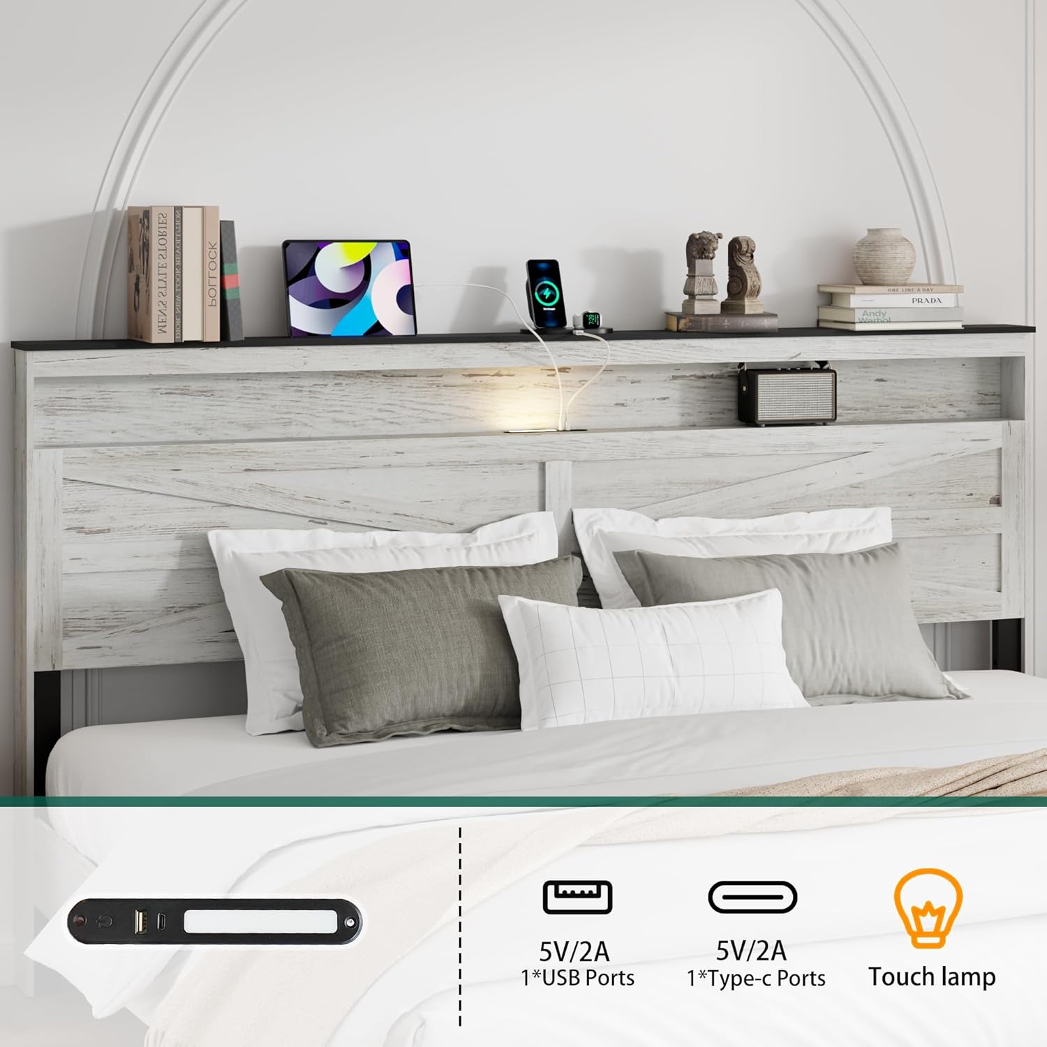 King Size Bed Frame with Headboard, Rustic Farmhouse Wood Bed Frame with LED Lights and Charging Station, Easy Assembly, No Box Spring Needed (White, King)