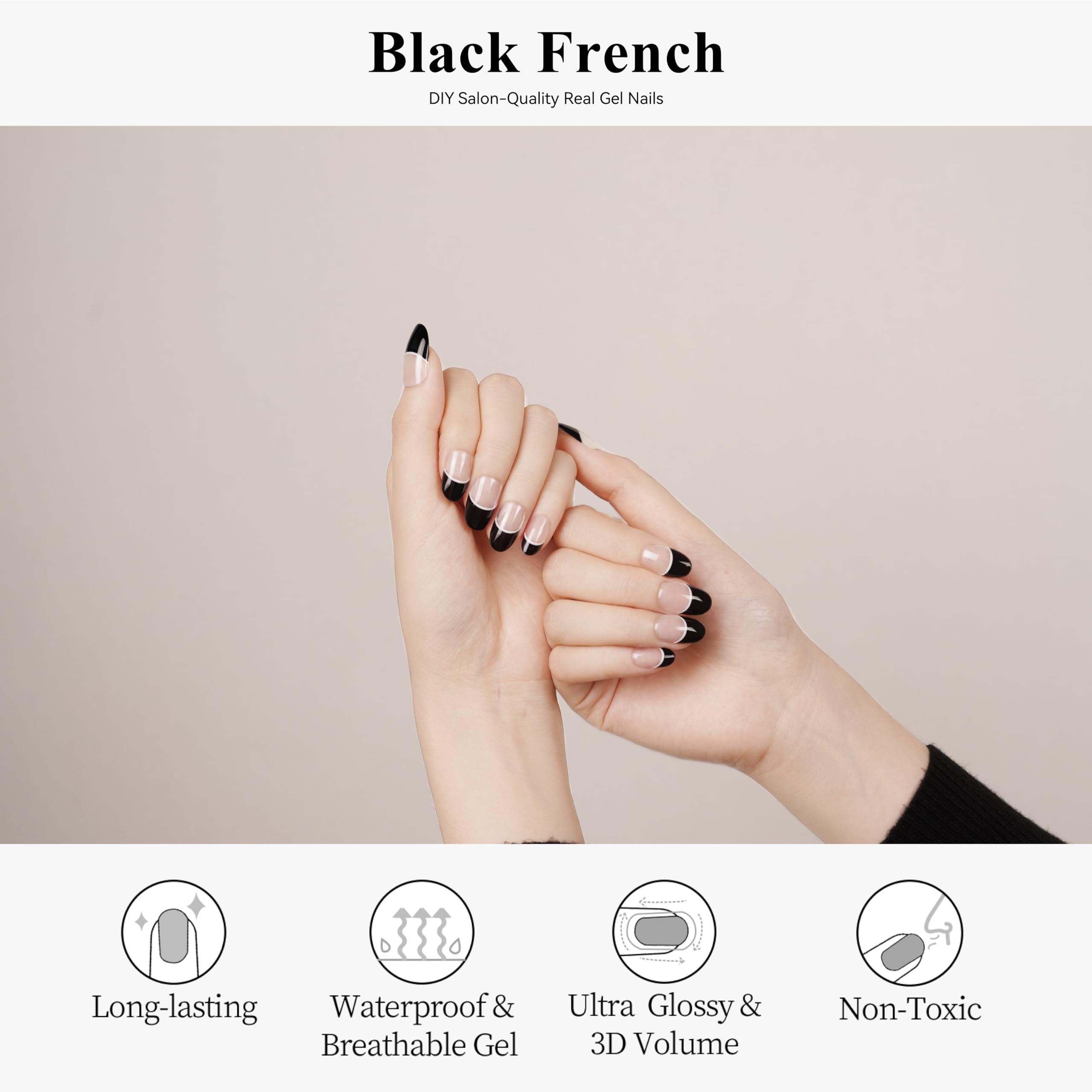 Drizzle Semi Cured Gel Nail Strips, Real Nail Polish Art Stickers (UV/LED Light Required),Glossy,Glitter, Solid Color,Full Nail Wraps Long Lasting Waterproof,Nail Strips Decal for Women (Black French)