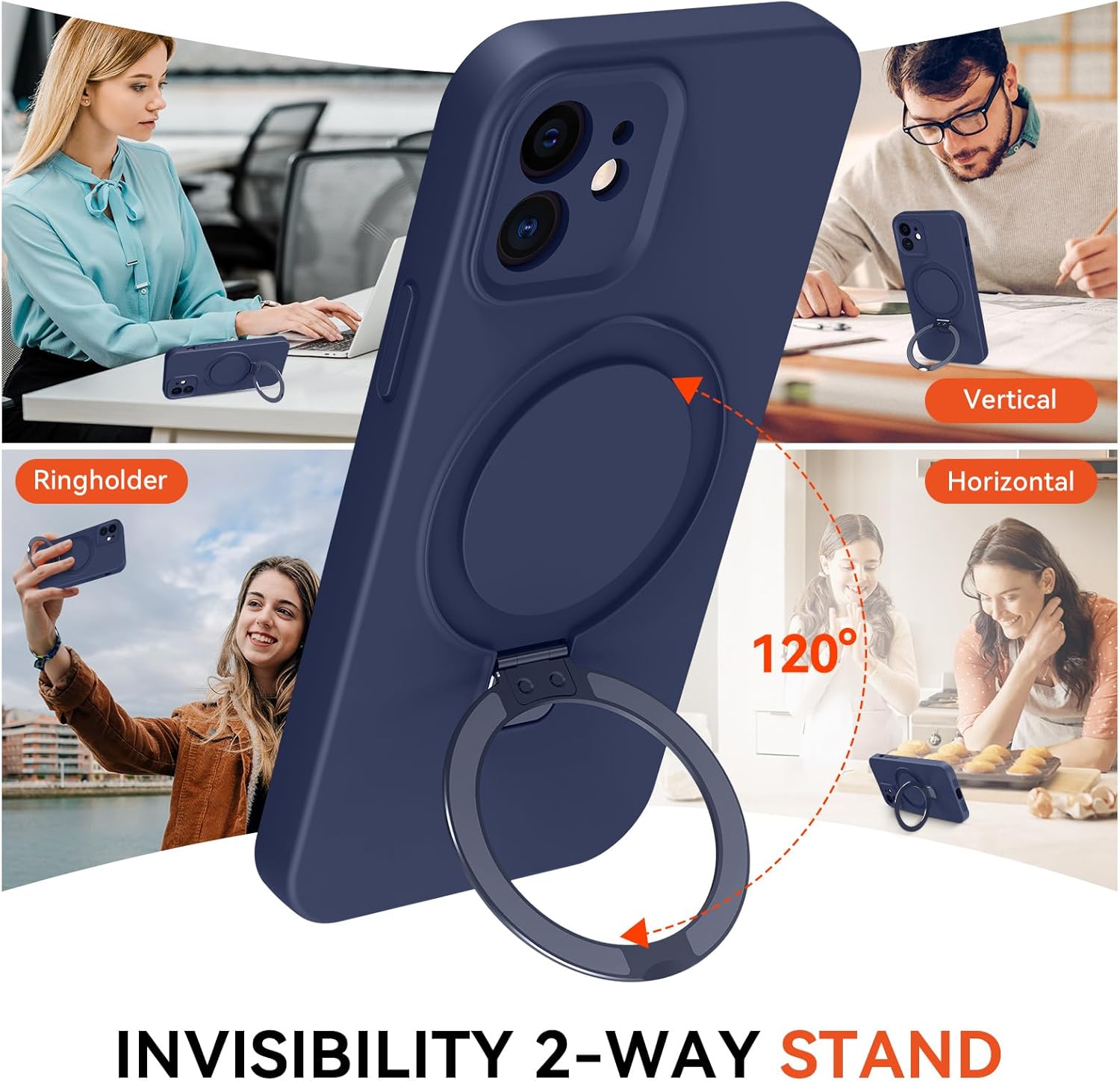 Compatible with iPhone 12 Case with Stand, Slim Premium Liquid Silicone Phone Cases for iPhone 12 6.1" Compatible with MagSafe Magnetic Ring Kickstand Case Full Camera Protection, Dark Blue - Image 3
