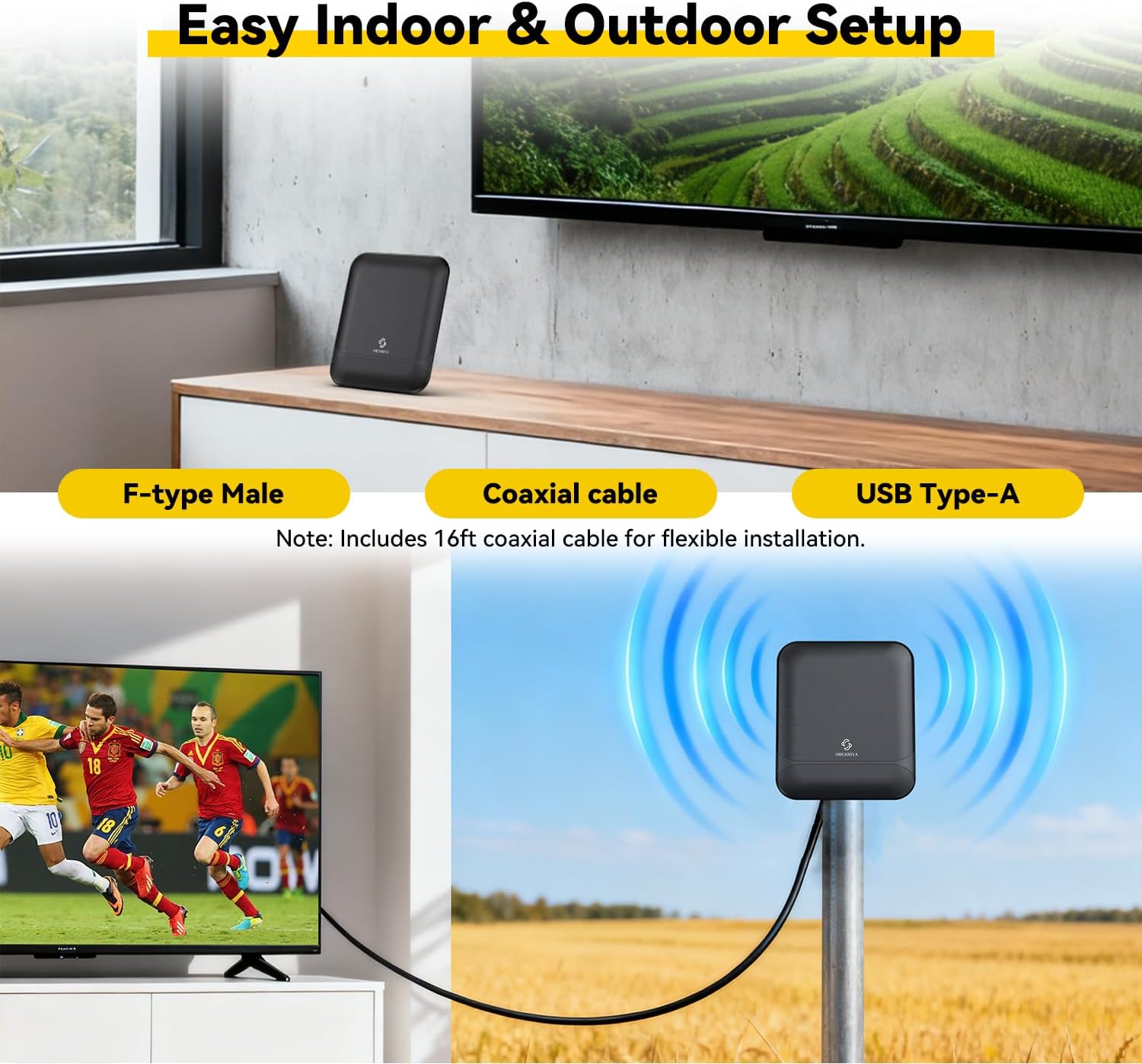 Digital TV Antenna for Smart TV Indoor & Outdoor, 55 Miles Amplified HDTV Antenna with Signal Booster, Reception for Local Channels 8K 4K 1080P HD VHF UHF, with 16ft Coax Cable