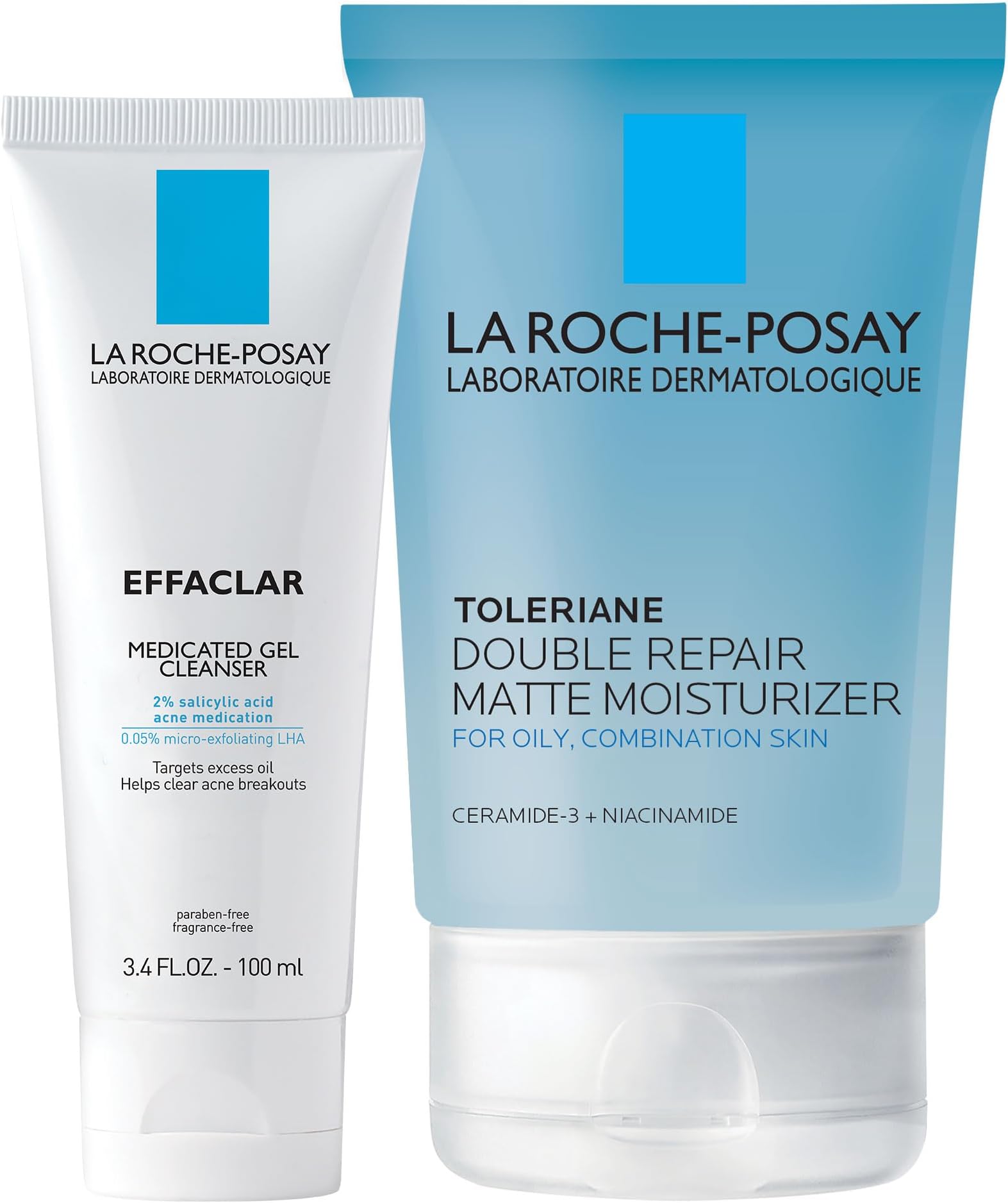 Acne Skin Care Set, Toleriane Double Repair Matte Moisturizer 75ml & Effaclar Medicated Gel Cleasner 100ml, Gel Moisturizer with Niacinamide & Acne Cleasner with Salicylic Acid