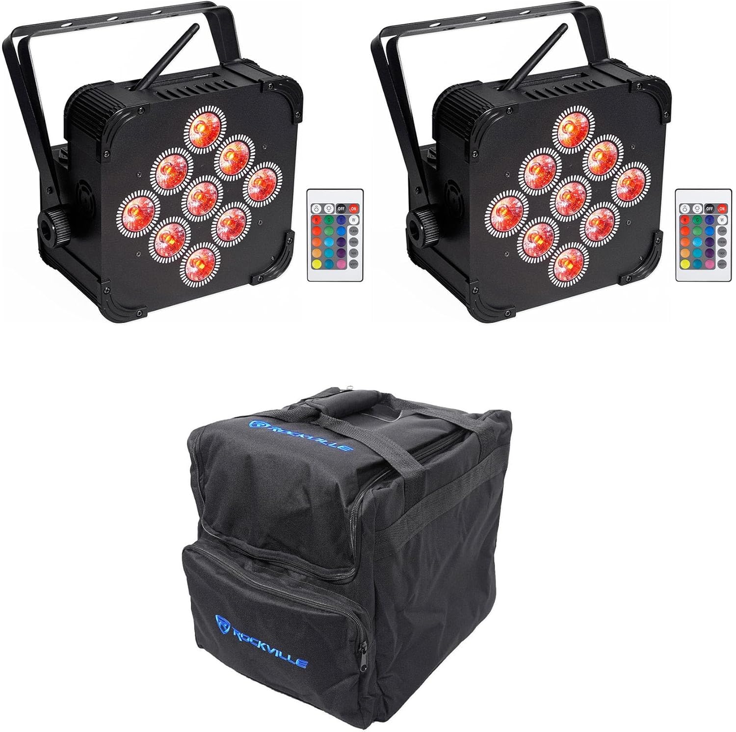 Rockville Best PAR 60 Bundle: (2) Rechargeable Wireless DMX RGBWA+UV LED Wash Lights, RLB40 Padded Travel Bag, 3-Items