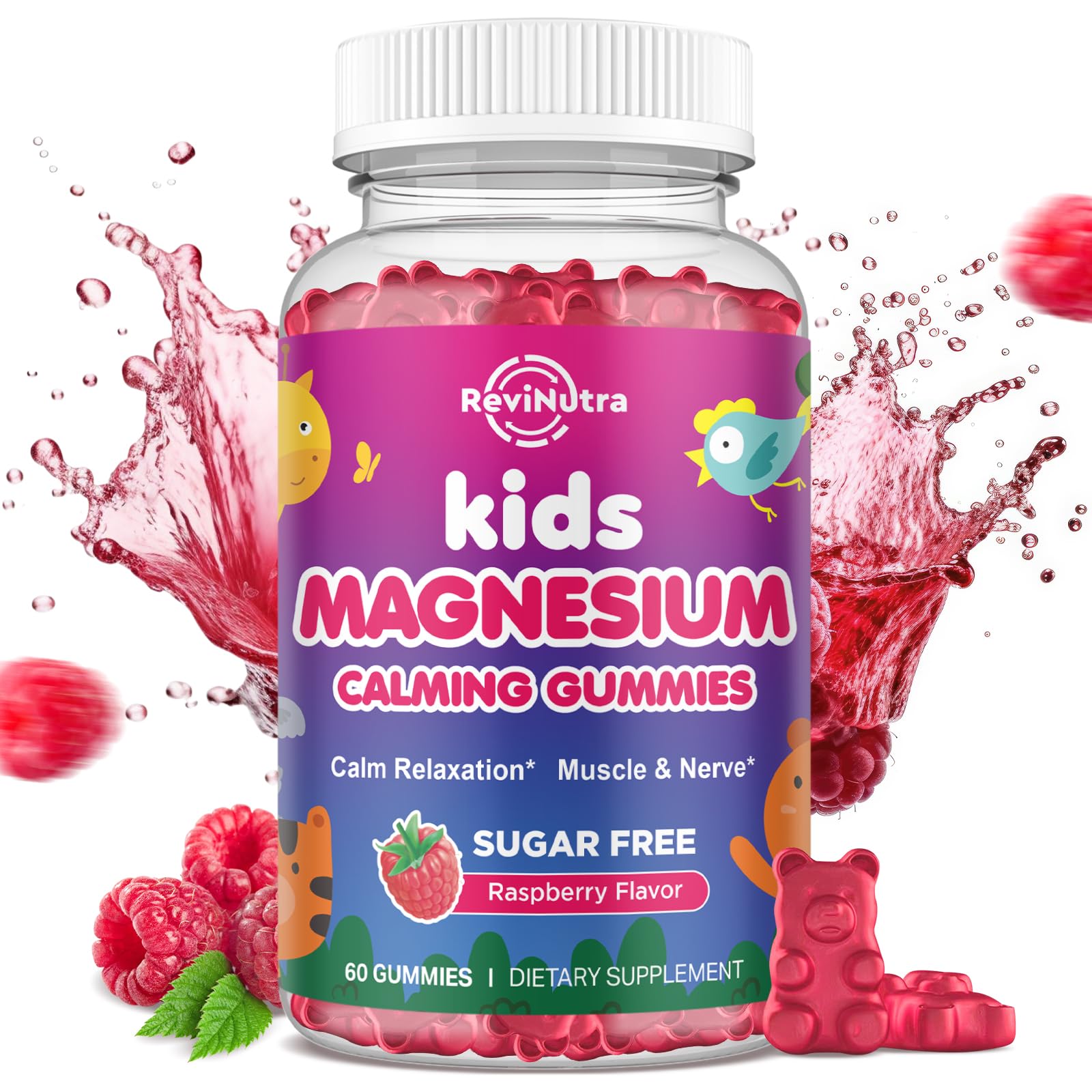 Kids Magnesium Gummies, Magnesium Glycinate Gummies for Kids & Adults with L-Theanine, Chamomile, Licorice, Vitamin D, B6 for Sleep, Relaxation, Brain & Muscle, Sugar Free Raspberry 60ct Raspberry 60 Count (Pack of 1)