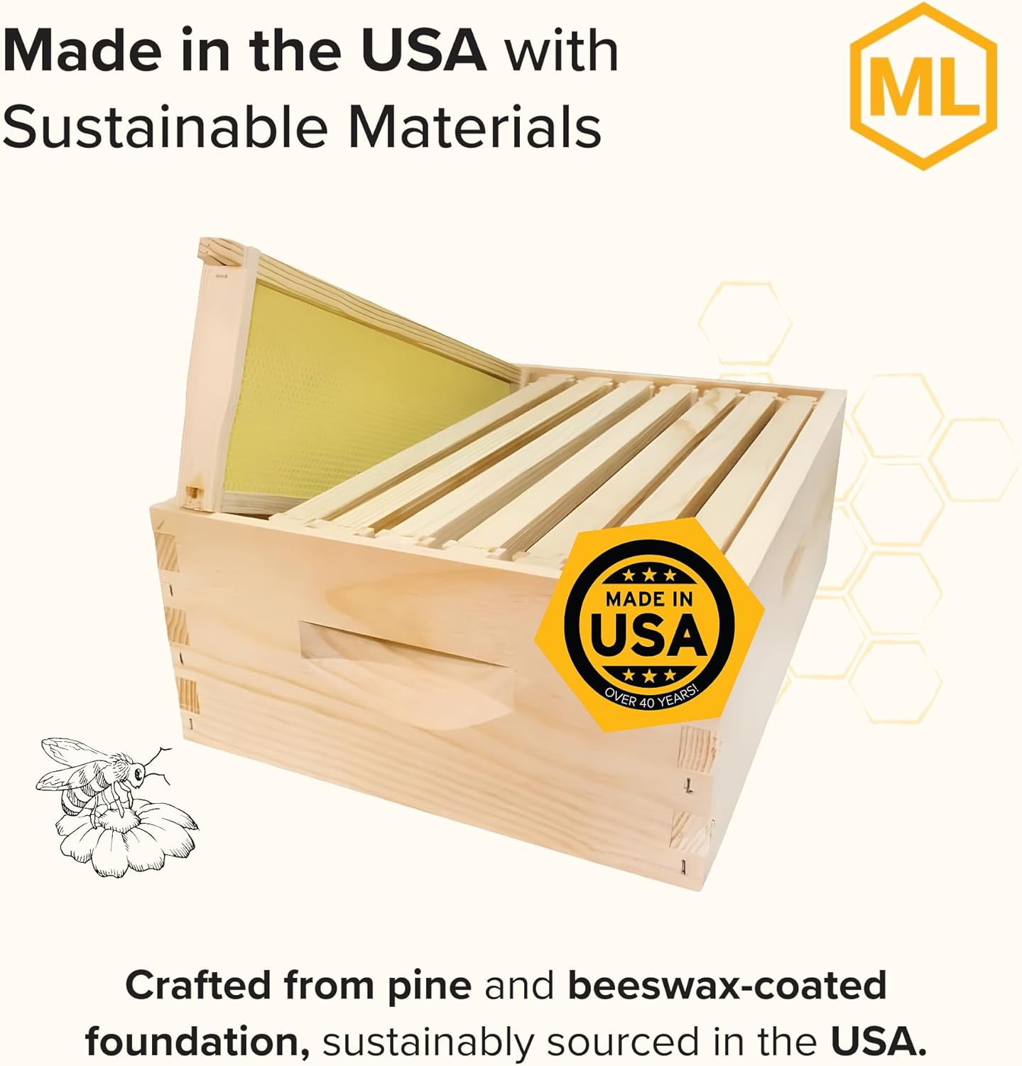 Mann Lake 8-Frame Medium Super Kit, Fully Assembled 6⅝" Super Box with 8 Durable Frames & Beeswax-Coated Plastic Foundation for Honey Storage, Beekeeping and Hive Expansion, Made in USA, Unpainted - Image 2