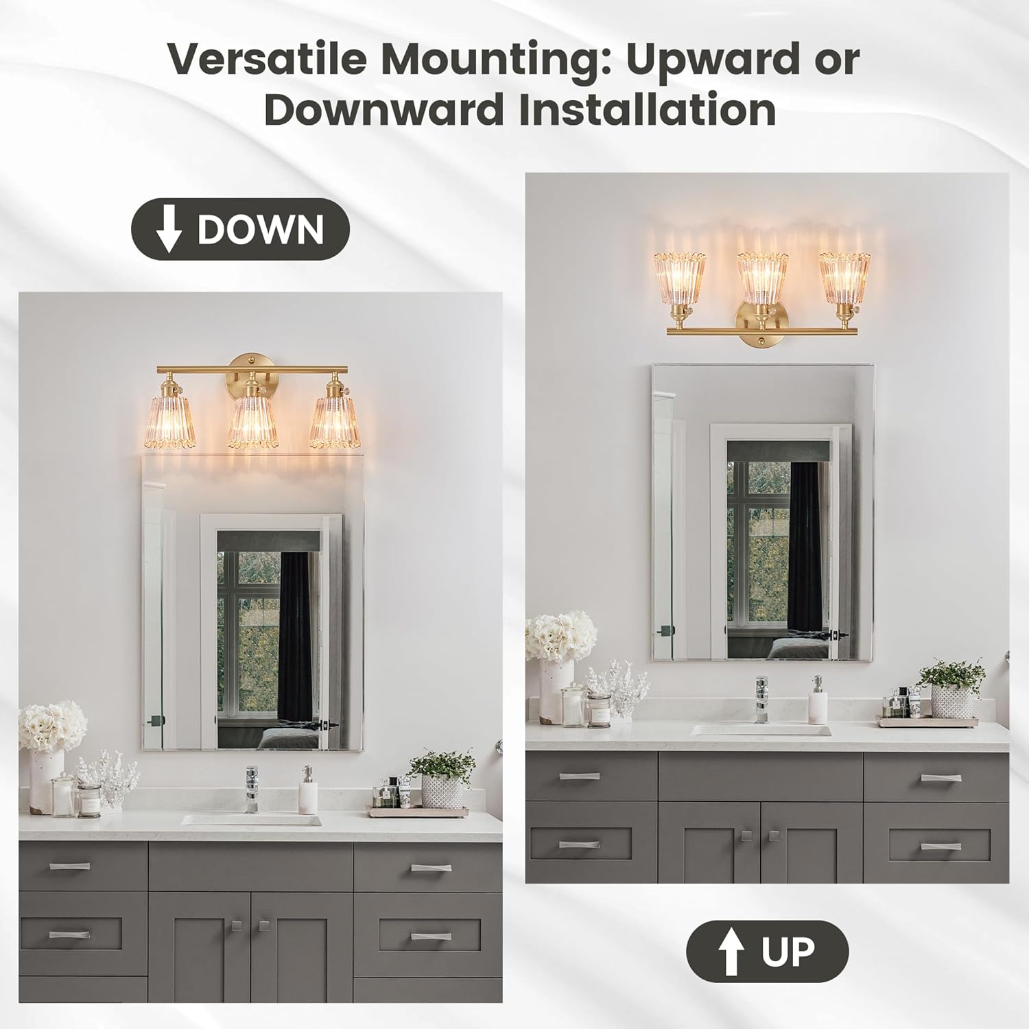 3-Light Bathroom Vanity Light, Brushed Brass Gold Vintage Wall Sconce with Individual Switch Control, Vintage Bathroom Light fixtures Over Mirror for Bedroom, Living Room Hallway