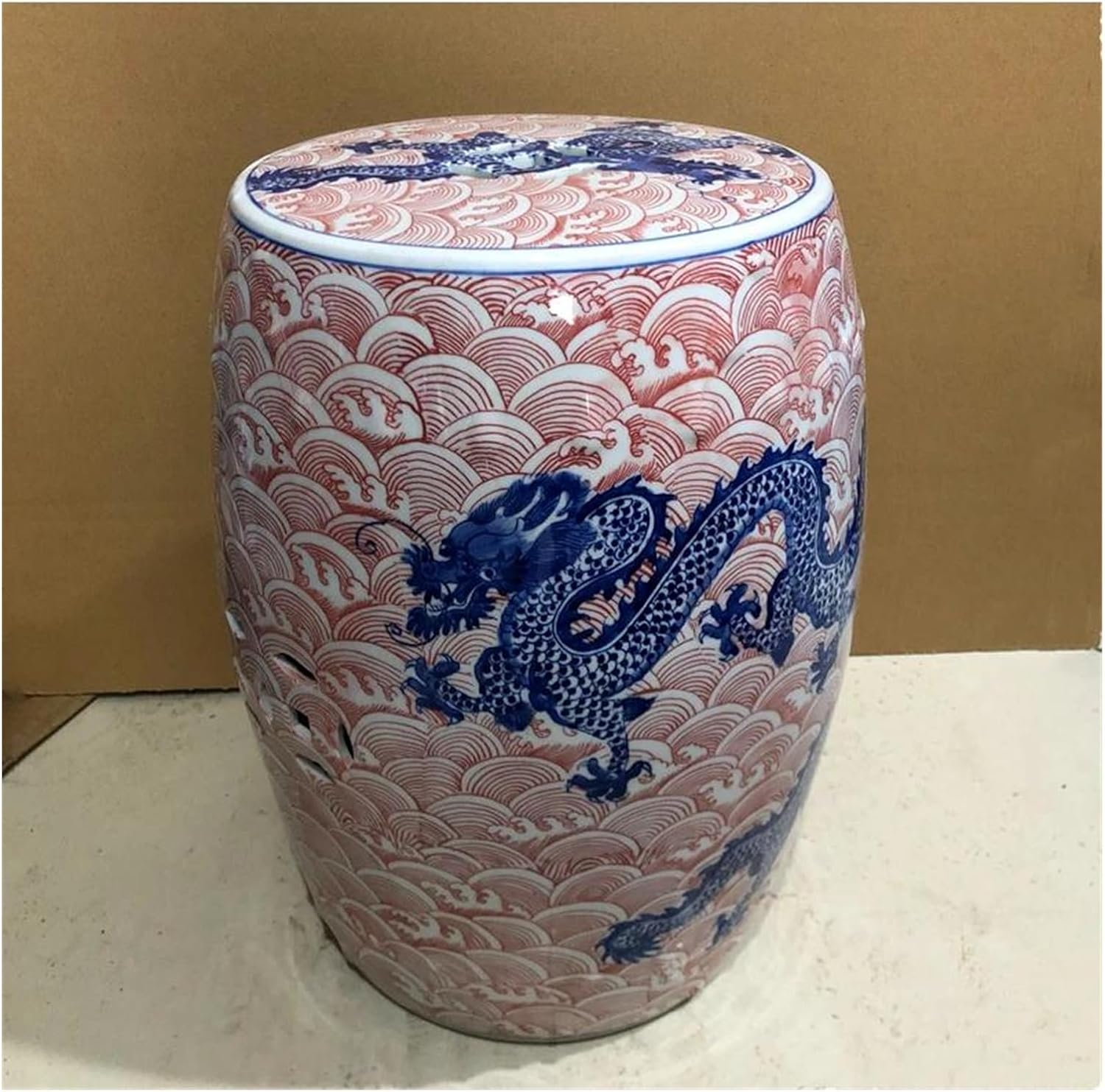 Decorative Garden Stools, Red and Blue Auspicious Cloud Dragon Pattern Neoclassical Drum Stool End Table
