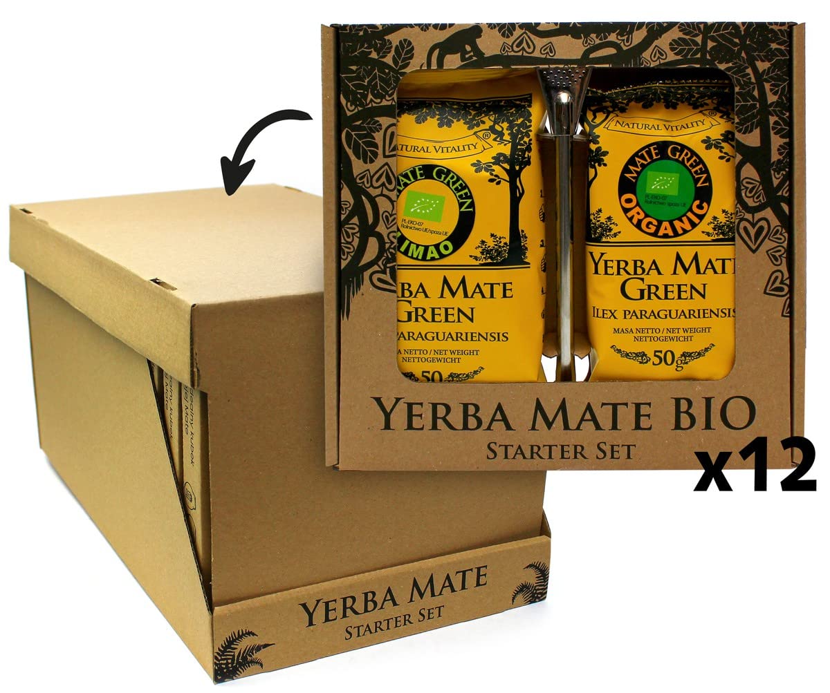 Mate Green Yerba mate tee set 12x118g ● Mate Organic set ● Mate tee bio mit Zitrone ● Mate bio tee ● luftgetrocknet ● edelstahl trinkhalm bombilla ● Traditionell geerntet, ohne Rauch getrocknet