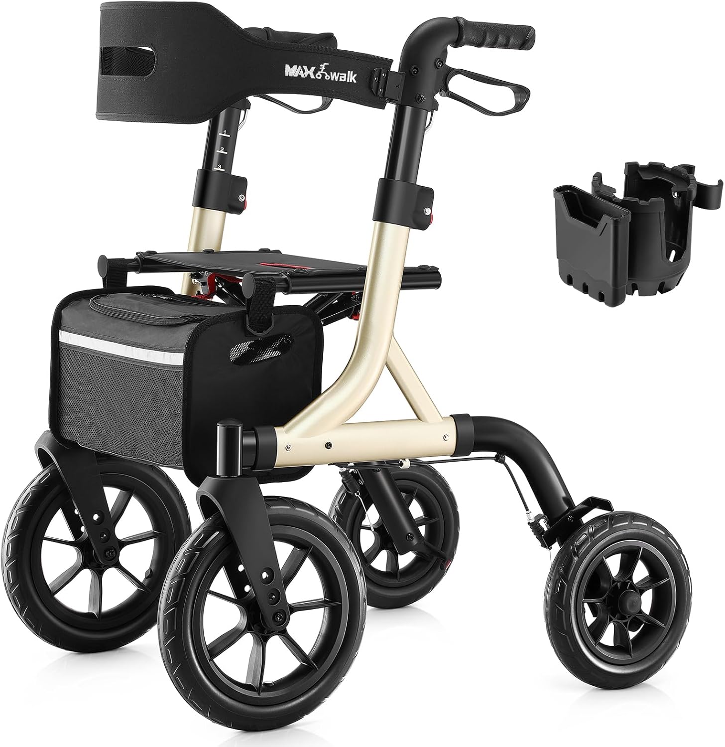 Walkers for Seniors, Rollator Walker with Seat, 12" Big Rubber Wheels All Terrain Rollator Walker with Backrest, Built-in Cable, Cup Holder, Foldable and Height Adjustment for Seniors, Gold