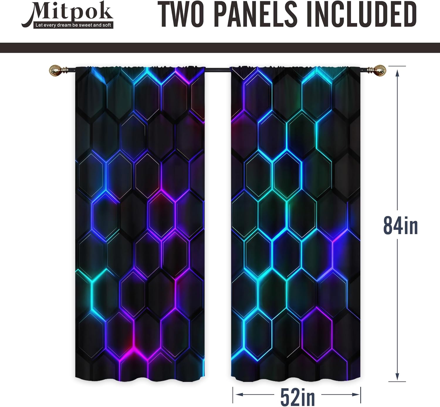 Black Neon Geometric Ptinted Curtains for Boys Bedroom 52Wx84H Inch Rod Pocket Modern Kids 3D Hexagon Cool Boy Men Game Room 2 Panel Window Treatment Set for Living Room Decor
