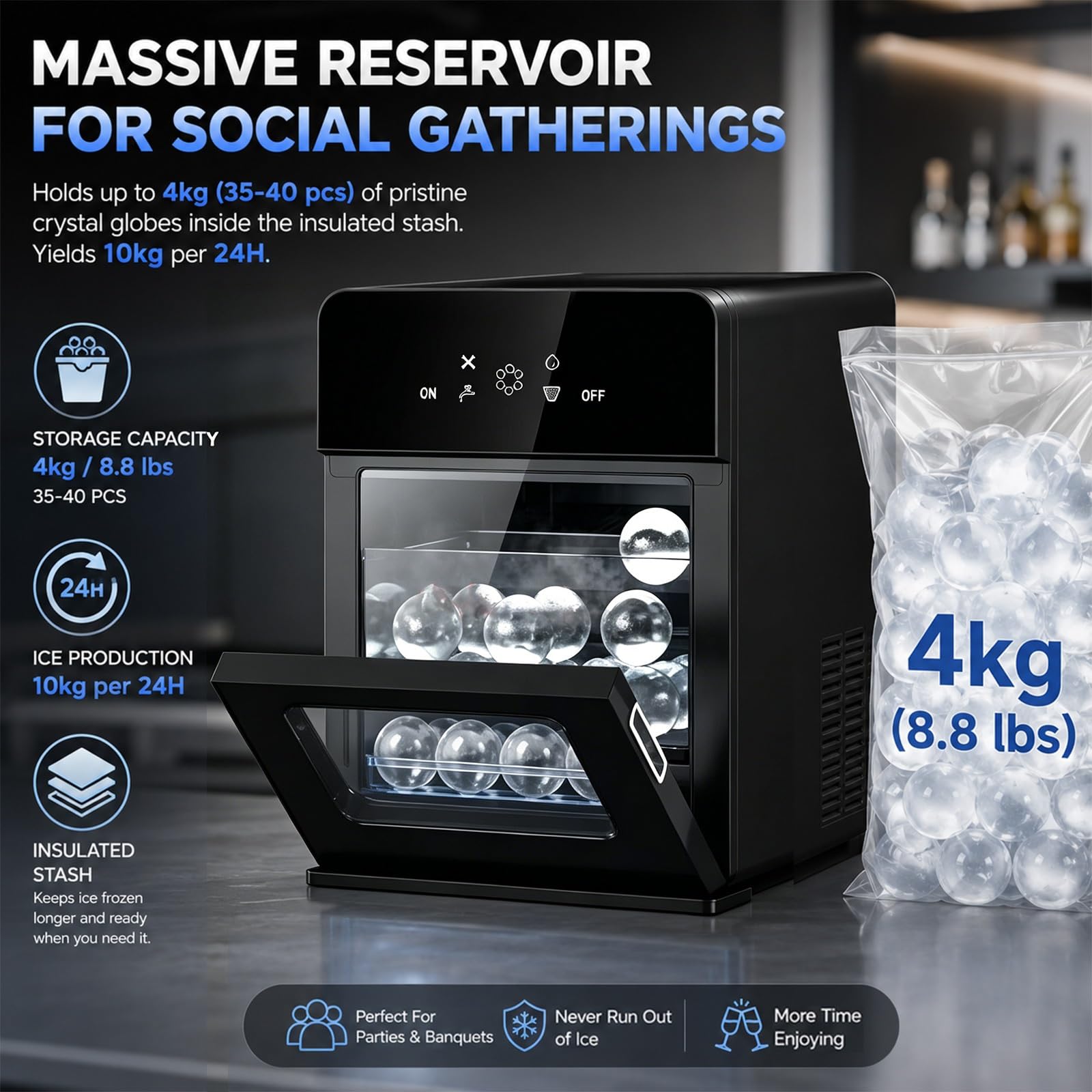 Genérico Máquina para Hacer Hielo con depósito de Agua de 1,7 L, Produce Bolas de Hielo Transparentes de 5 cm en 40 Minutos, Incluye 40 recipientes de Almacenamiento para Fiestas y cócteles.