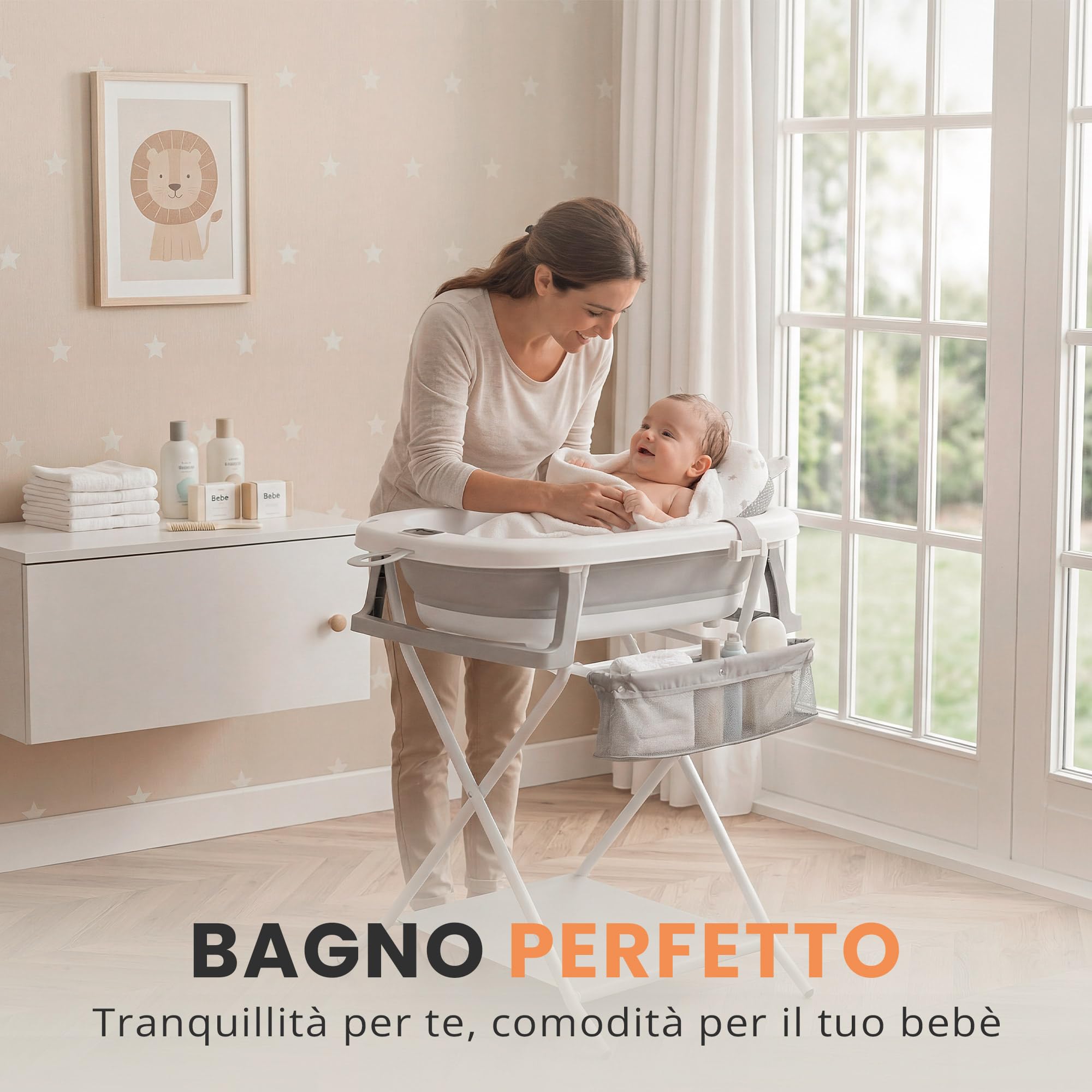 JUPPLIES Vaschetta Bagnetto Neonato Pieghevole con Cuscino Ergonomico e Termometro Digitale – Vasca Bagnetto Neonato Salvaspazio Antiscivolo – Facile da Riporre (Grigio, Con Supporto)
