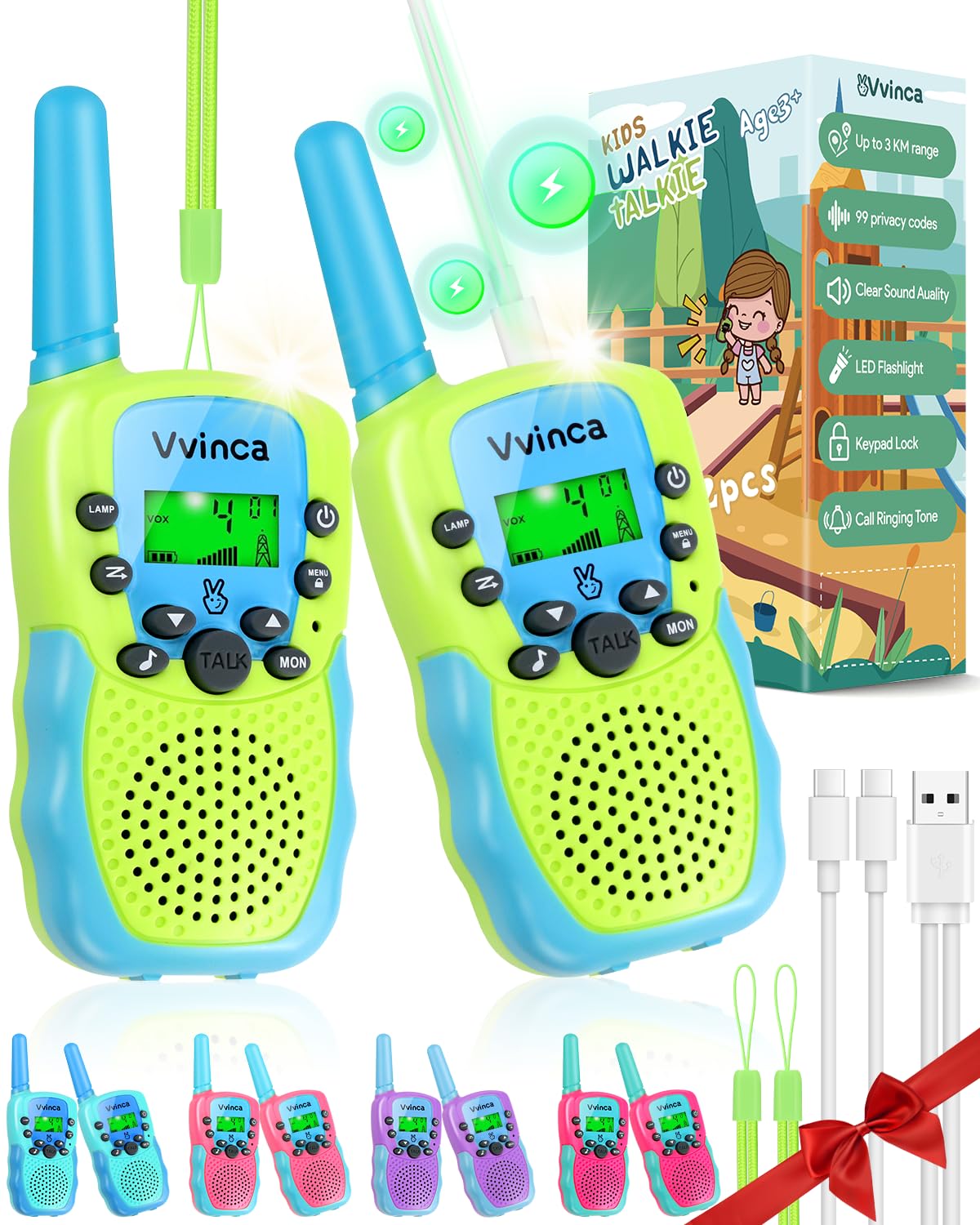 Vvinca Walkie Talkies for Kids Rechargeable Toys for Ages 5-7, Long Range 22 Channels 2 Way Kids Walkie Talkie with Flashlight for Camping Hiking Indoor Outdoor 3 4 5 6-12 Boy Girl Christmas Birthday