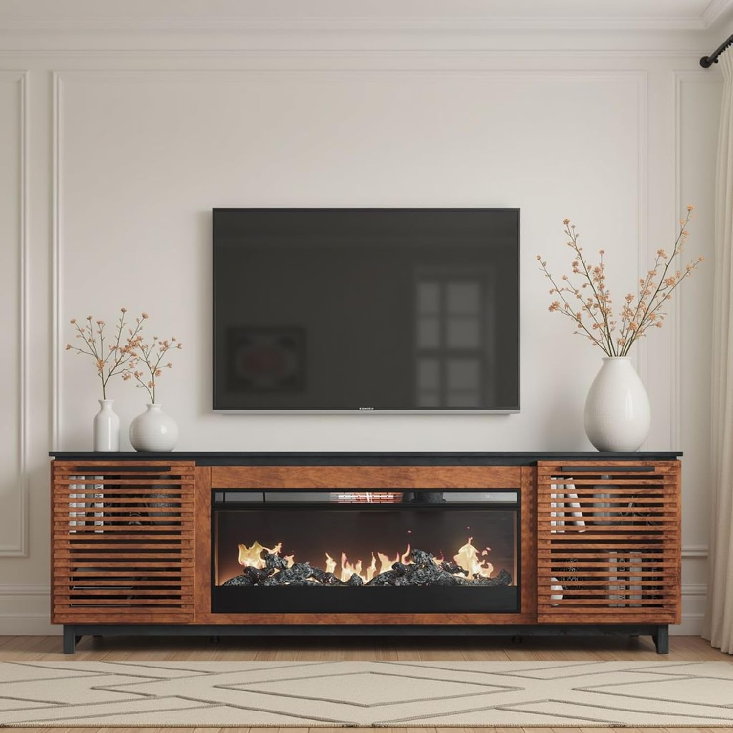Graceland 86” Mid-Century Modern Fireplace TV Stand for 95” TVs, 42” Electric Fireplace with Remote, Fully Assembled Wood Media Console, Slatted Door Entertainment Center, Phoenix Arizona Crafted
