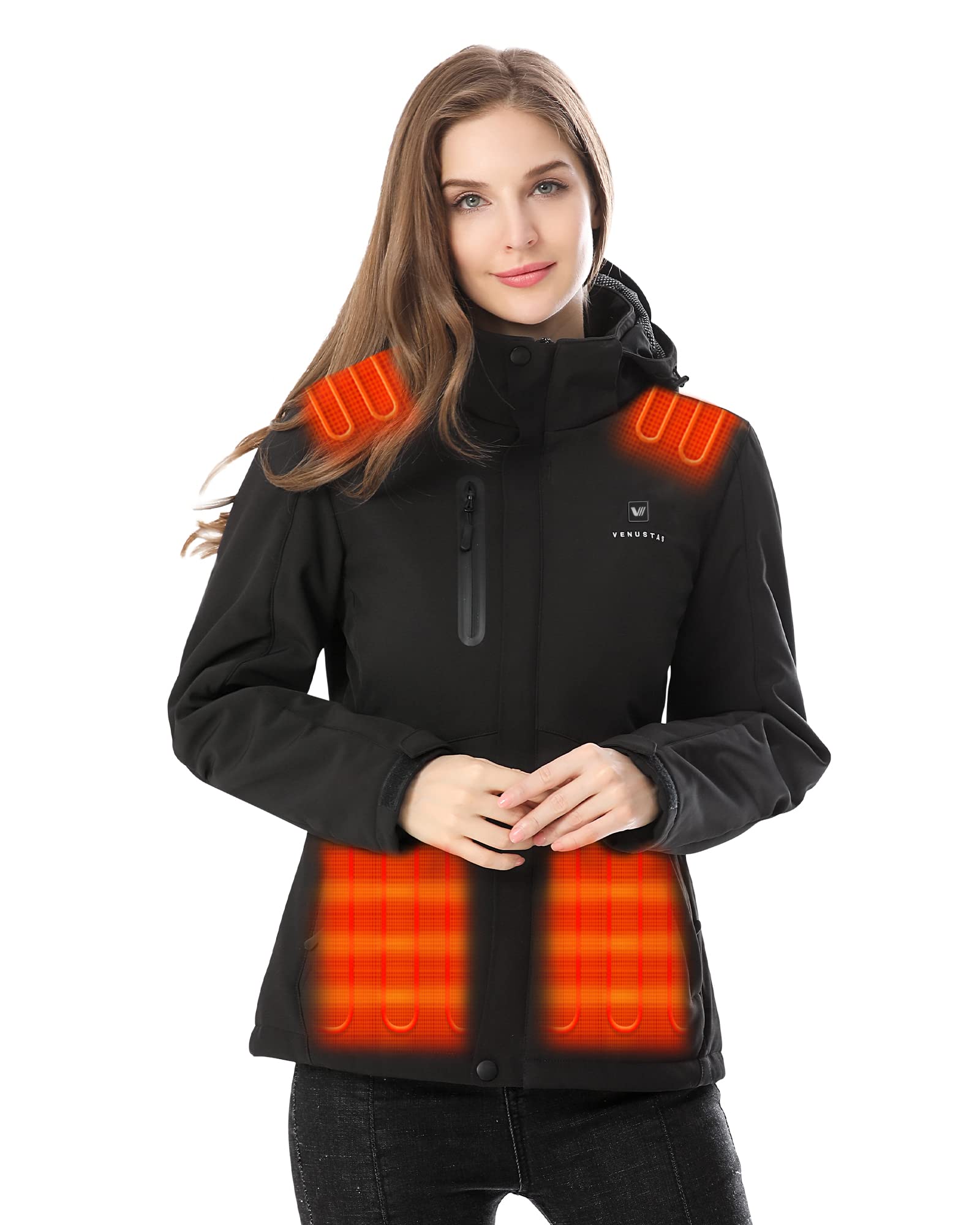 VenustasWomen's Heated Jacket with Battery Pack 7.4V, Windproof Electric Insulated Coat with Detachable Hood Slim Fit
