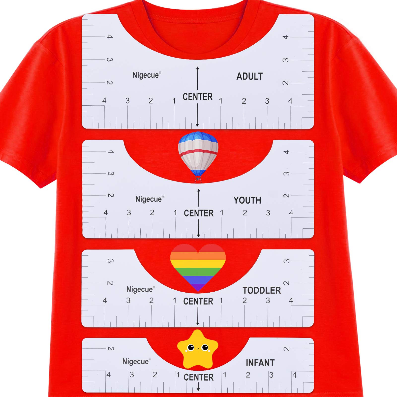 Tshirt Ruler Guide for Vinyl, 4PCS T-Shirt Alignment Tool to Center Designs, T-Shirt Alignment Craft Rulers for Fabric Cutting DIY Quilting Crafts Sewing, Adult Youth Toddler Infant
