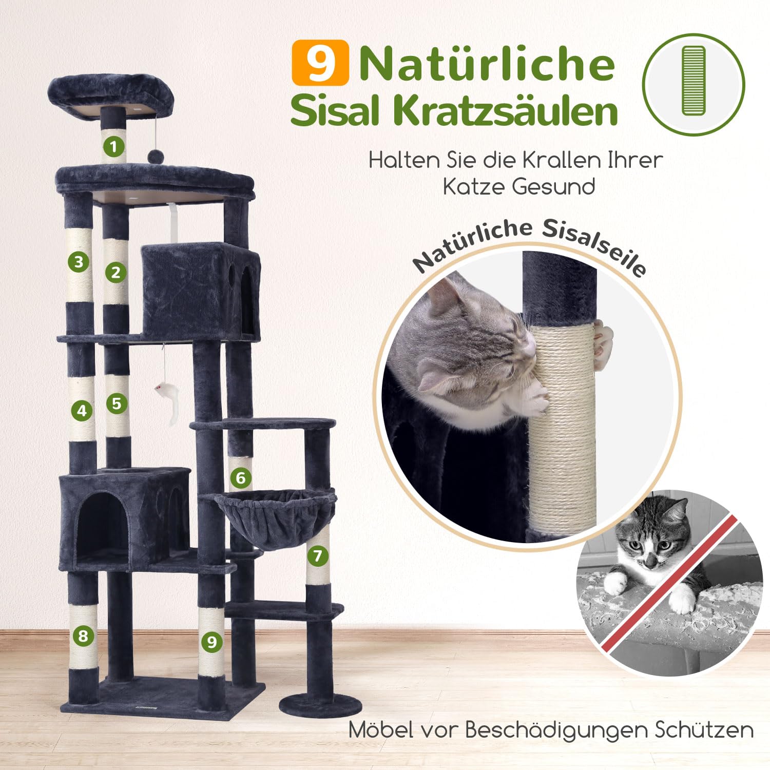 Globlazer Kratzbaum XXL für Große Katzen 213 cm Stabil katzenbaum Innen F83 | Extra großer, mehrstöckiger, Stabiler katzenbaum Über 2 Meter mit großen Liegebereich Katzenhaus für mehrere große Katzen