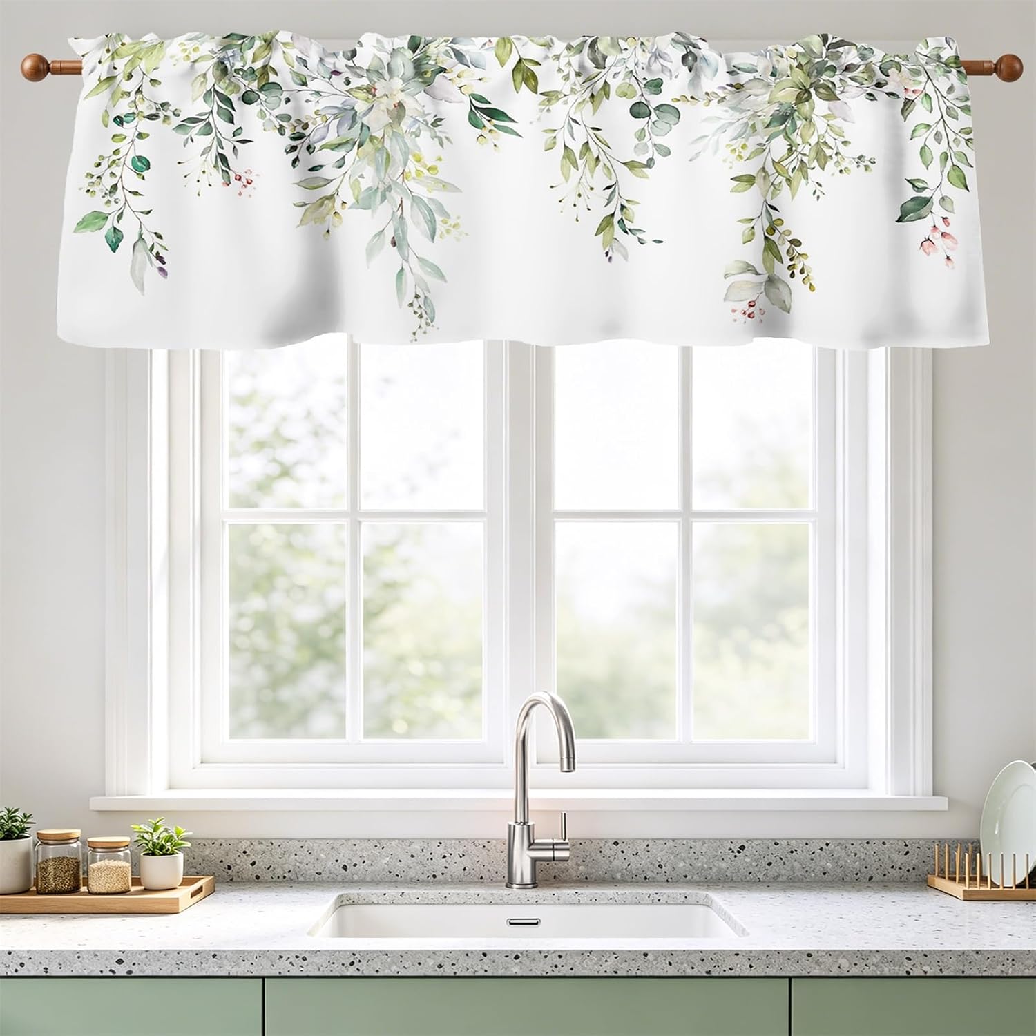 Renaiss 42 x 18 Inch Eucalyptus Leaves Floral Kitchen Valance for Windows Rustic Botanical Wildflower Valance Curtain Farmhouse Plant Rod Pocket Curtain for Bathroom Bedroom Living Room Decor Green