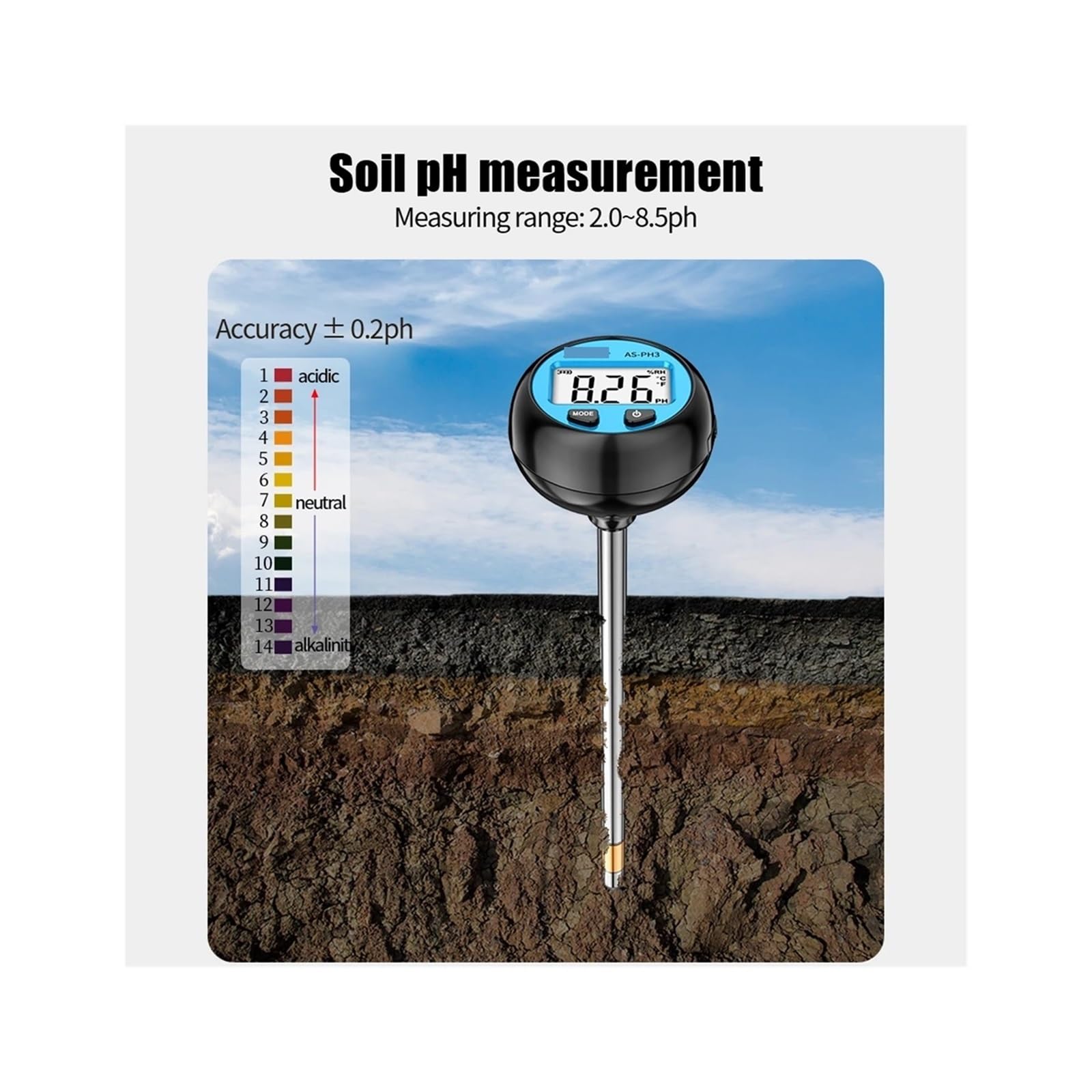 Medidor digital de pH del suelo 3 en 1, monitor de temperatura y humedad, comprobador de actividad de pH, instrumentos de medición de suelo for jardinería
