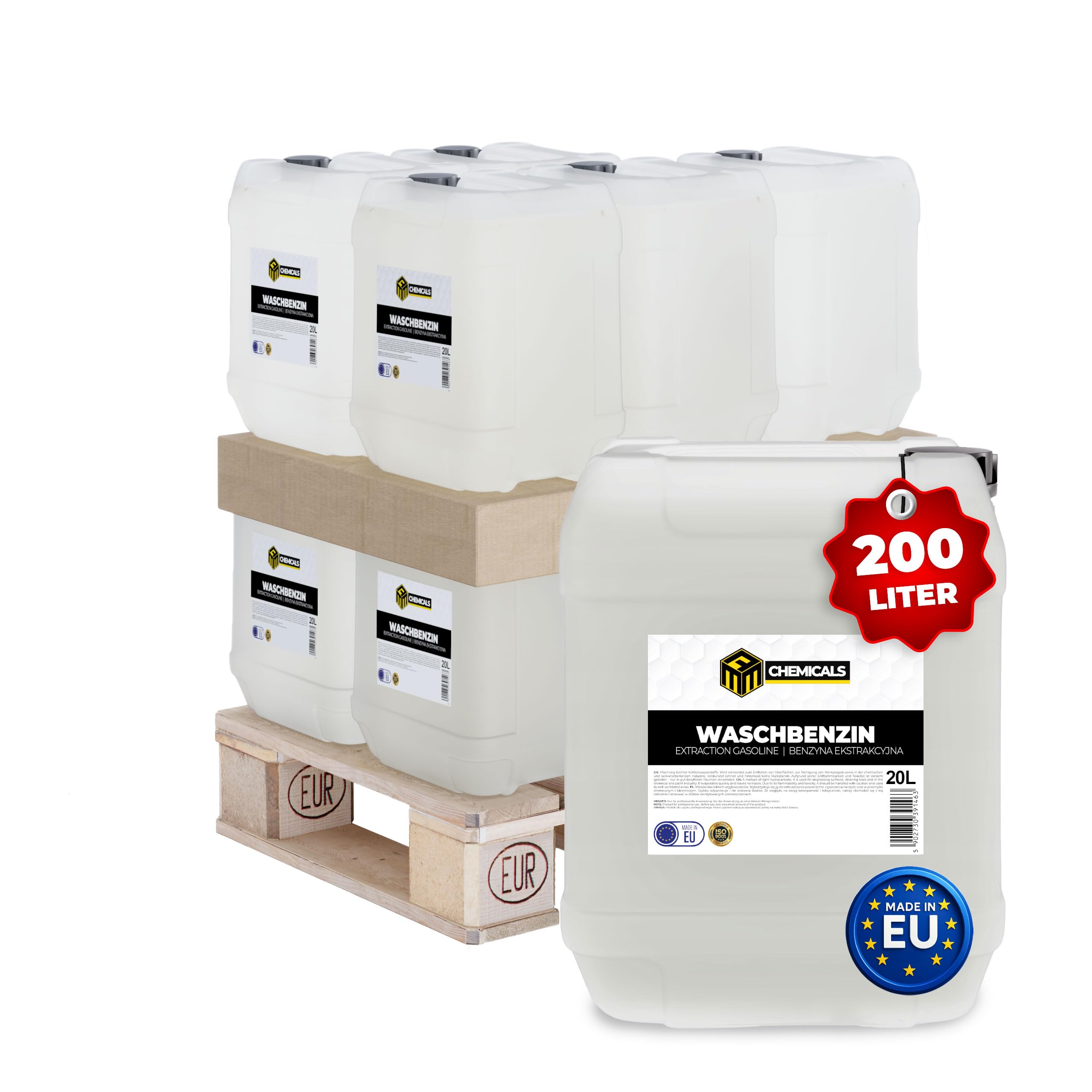 10 x 20L Waschbenzin – Universelles Lösungsmittel & Entfetter – Farben- & Lackverdünner | Werkzeug- & Pinselreiniger für Haushalt, Auto & Werkstatt – EU-Qualität