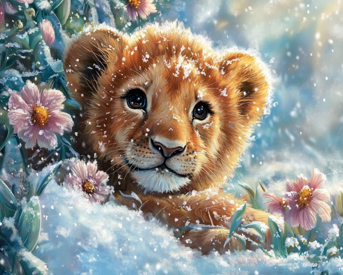 AxiangziK Cross Stitch Stamped Kits 16x20 inch,Little Lion in the Snow Embroidery Crafts Needlepoint Kit,Beginners Starter Kits,DIY Handmade Gifts 11CT 3 Strands
