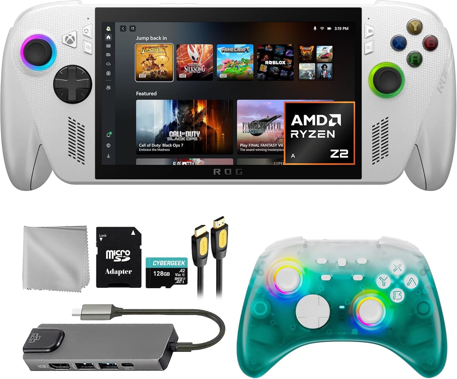 ASUS ROG Xbox-Ally 1TB SSD AMD Ryzen Z2 A CPU Gaming Handheld 7-inch Touchscreen 120Hz, Mytrix Black Ice Wireless Pro Controller, Hub, 128GB MicroSD Card, 5 Accessories: 6 in 1 Bundle